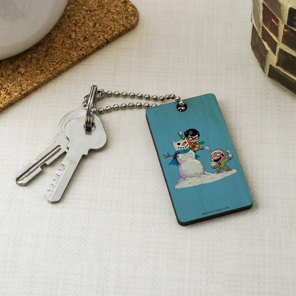 Robin and Riddler Snowball Fight Wooden Rectangle Keychain - DC Comics Collectible Key Ring for Batman Fans - Perfect for Keys, Gifts, and Cosplay Accessories