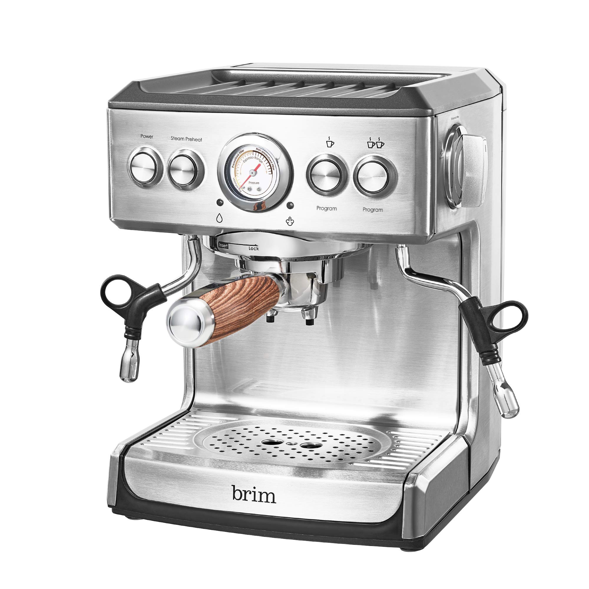 Brim 19 Bar Espresso Machine - Fast Heating Professional Coffee Maker for Cappuccino, Americano & Latte with Milk Steamer/Frother | Stainless Steel with Wood Accents | Removable Parts for Easy Cleaning | Perfect for Home Kitchen & Office Coffee Break