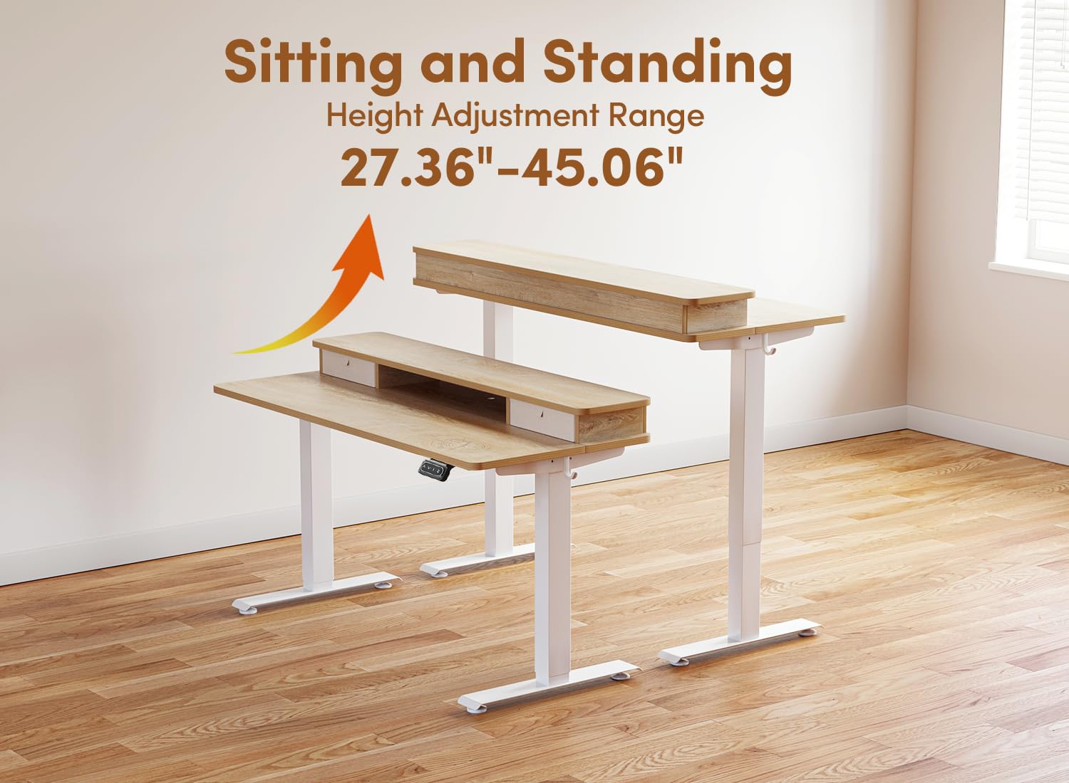 BANTI 40x24 Inches Adjustable Height Standing Desk with Drawers & Storage Shelf - Ergonomic Sit Stand Home Office Desk (White Frame/Maple Top) for Small Spaces & Remote Work