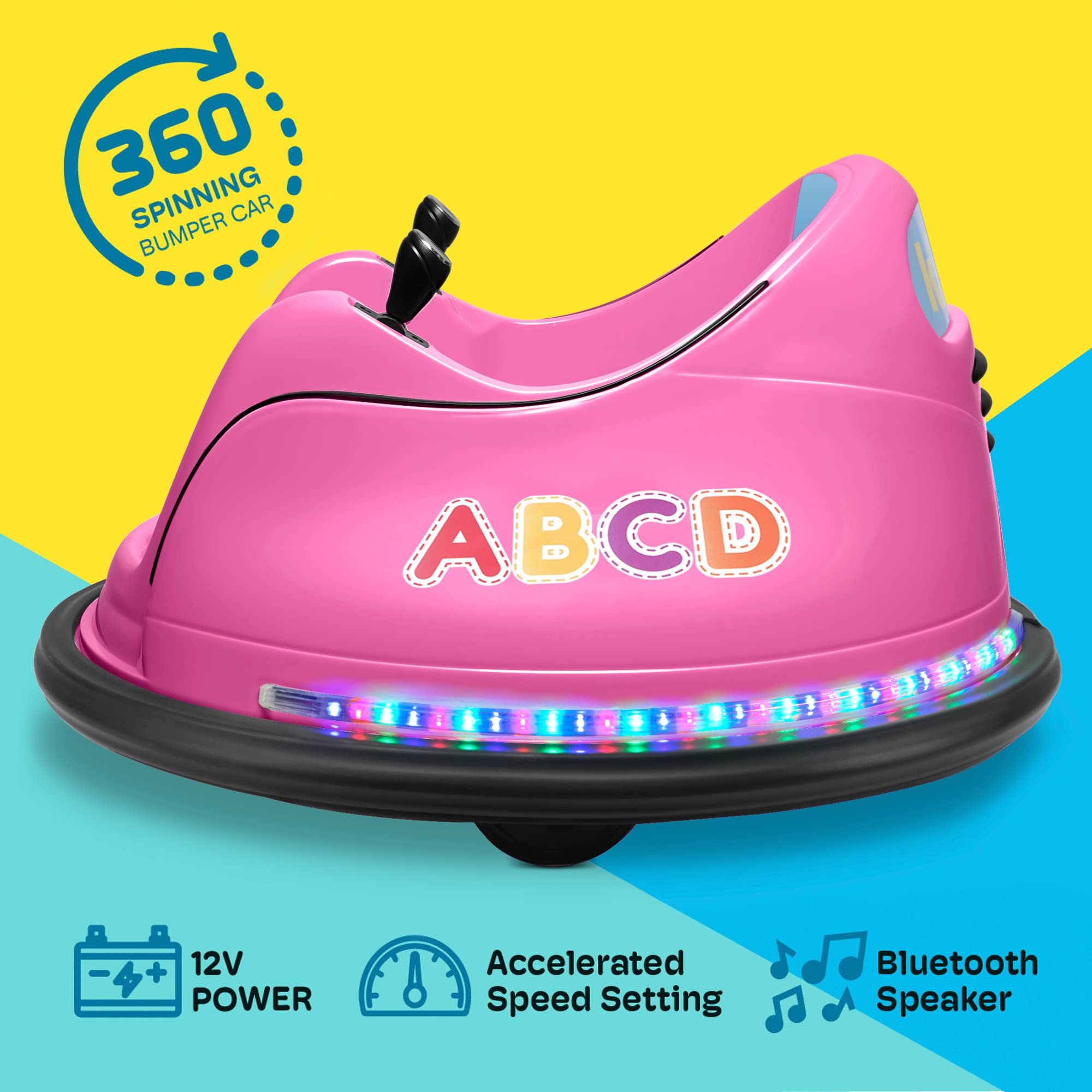 Kidzone 12V 2-Speeds Electric Ride On Bumper Car for Kids & Toddlers 1.5-6 Years Old - Remote Control, LED Lights, Bluetooth, 360° Spin - ASTM Certified Safe Bumper Toy for Indoor & Outdoor Play - Perfect Birthday Gift for Boys & Girls