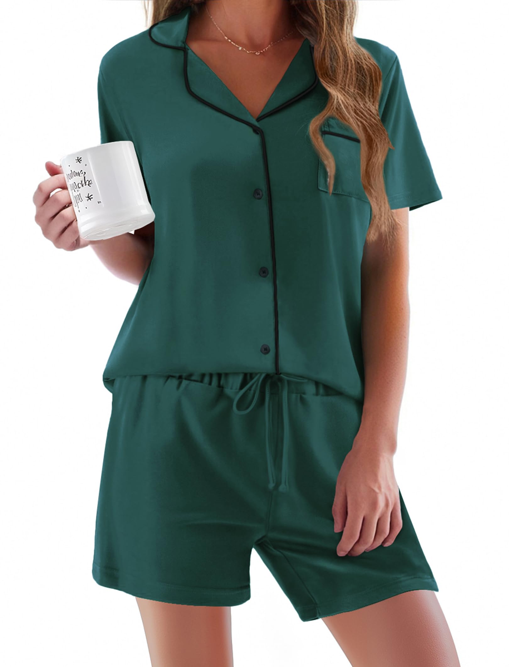 Ekouaer Women's Soft Short Sleeve Pajama Set - 2 Piece Button Down Sleepwear & Lounge Outfit for Comfortable Nightwear and Relaxing at Home