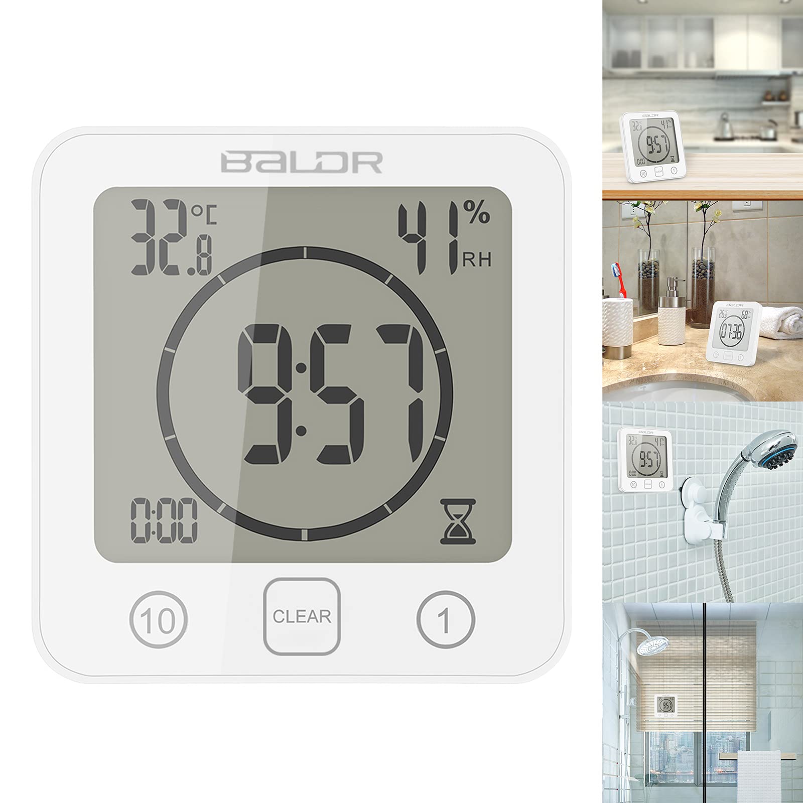 Waterproof Digital Shower Clock with LCD Display, Temperature & Humidity Gauge - Touch Screen Timer, Large Countdown Visual Timer for Bathroom, Gym, Kitchen & Sauna (White)