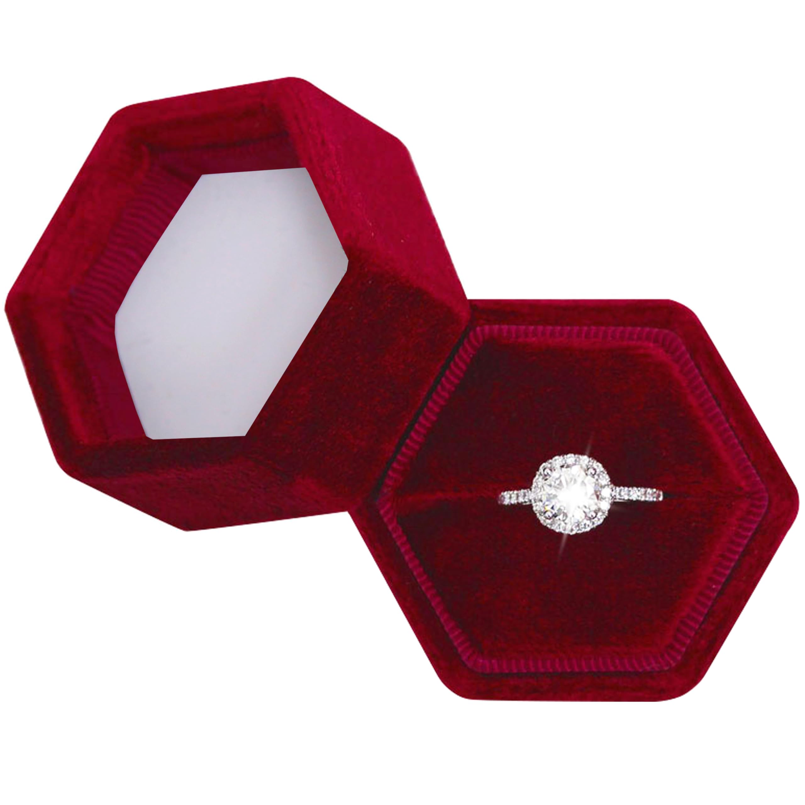 Hexagon Velvet Jewelry Box - Single Slot Ring Holder for Engagement Wedding Proposal - Keepsake Gift Box for Bridal Photos & Jewelry Storage (Red) - Perfect for Proposals, Anniversaries & Special Occasions