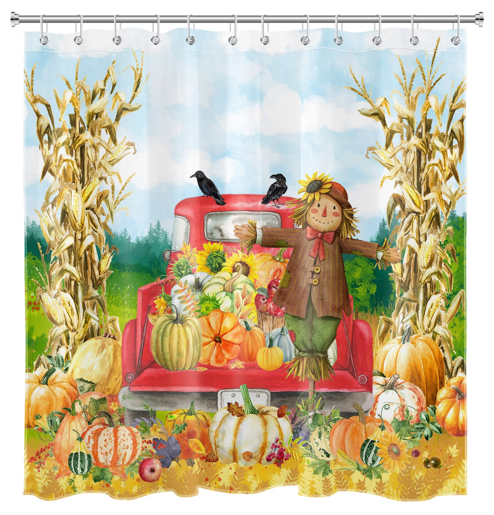 ECOTOB Fall Farm Shower Curtain - Red Truck with Pumpkin Scarecrow & Sunflowers Design, 72x72 Inch Harvest Thanksgiving Bathroom Decor with Hooks - Perfect for Autumn, Farmhouse, and Holiday Bathroom Themes