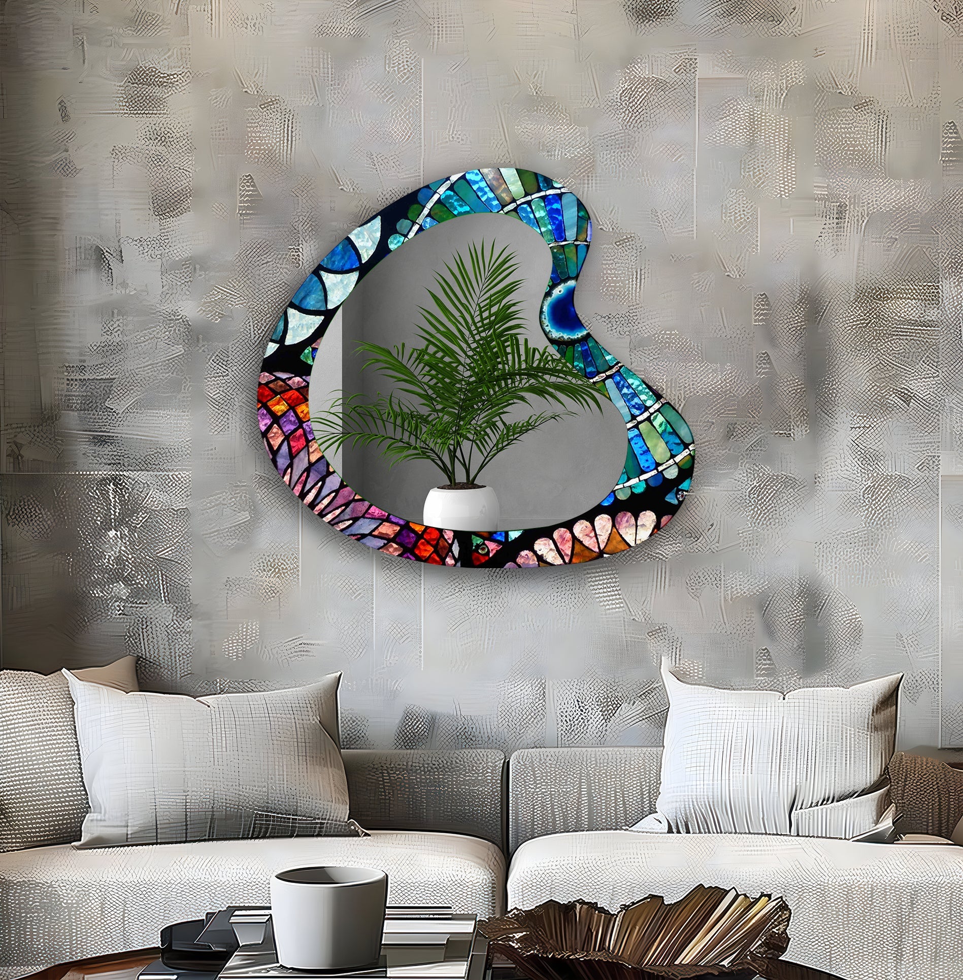 Blue Mosaic Modern Glass Wall Mirror - Elegant Home Decor for Living Room, Bedroom & Entryway | Perfect for Vanity & Interior Design