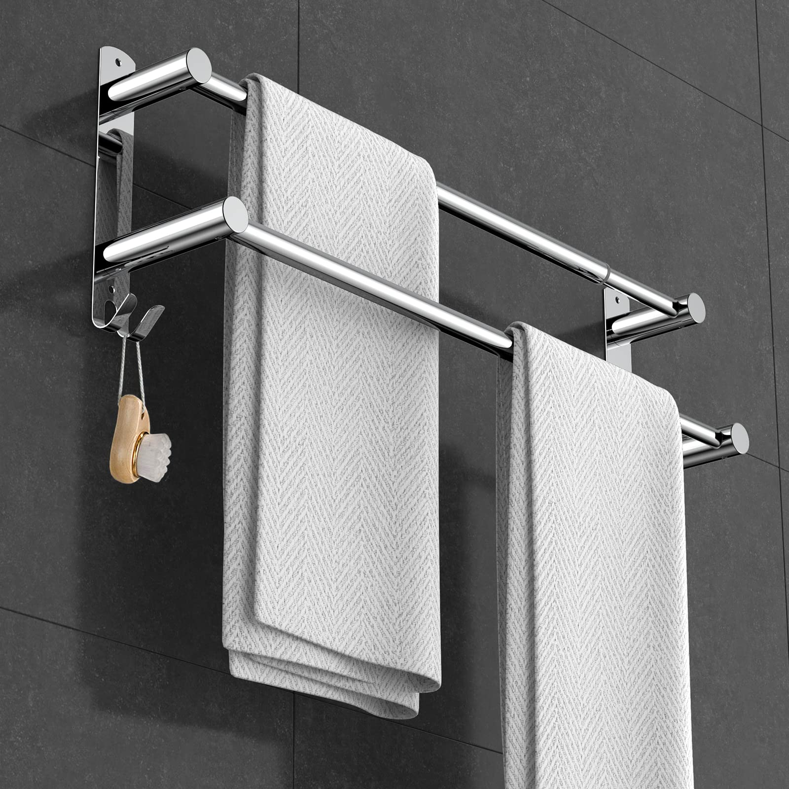 Stretchable 24-30 Inches Stainless Steel Towel Bar - Rustproof SUS304 No Drill Self-Adhesive Wall Mount for Bathroom & Kitchen - Perfect for Hand Towels, Dish Cloths & More (2 Bars) - Ideal for Small Spaces, Apartments & RVs