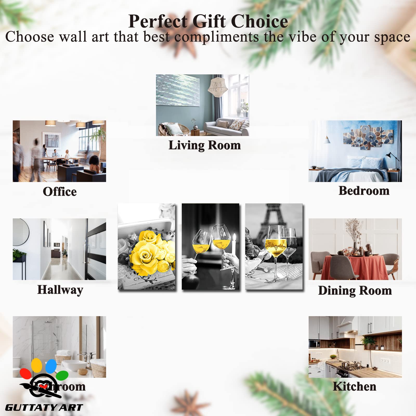 Modern Black and White Dining Room Wall Art Set - 3 Piece 16x24 Inch Canvas Prints with Yellow Rose Wine Glasses Design for Kitchen & Home Decor | Perfect for Dining Areas, Restaurants & Gift Giving