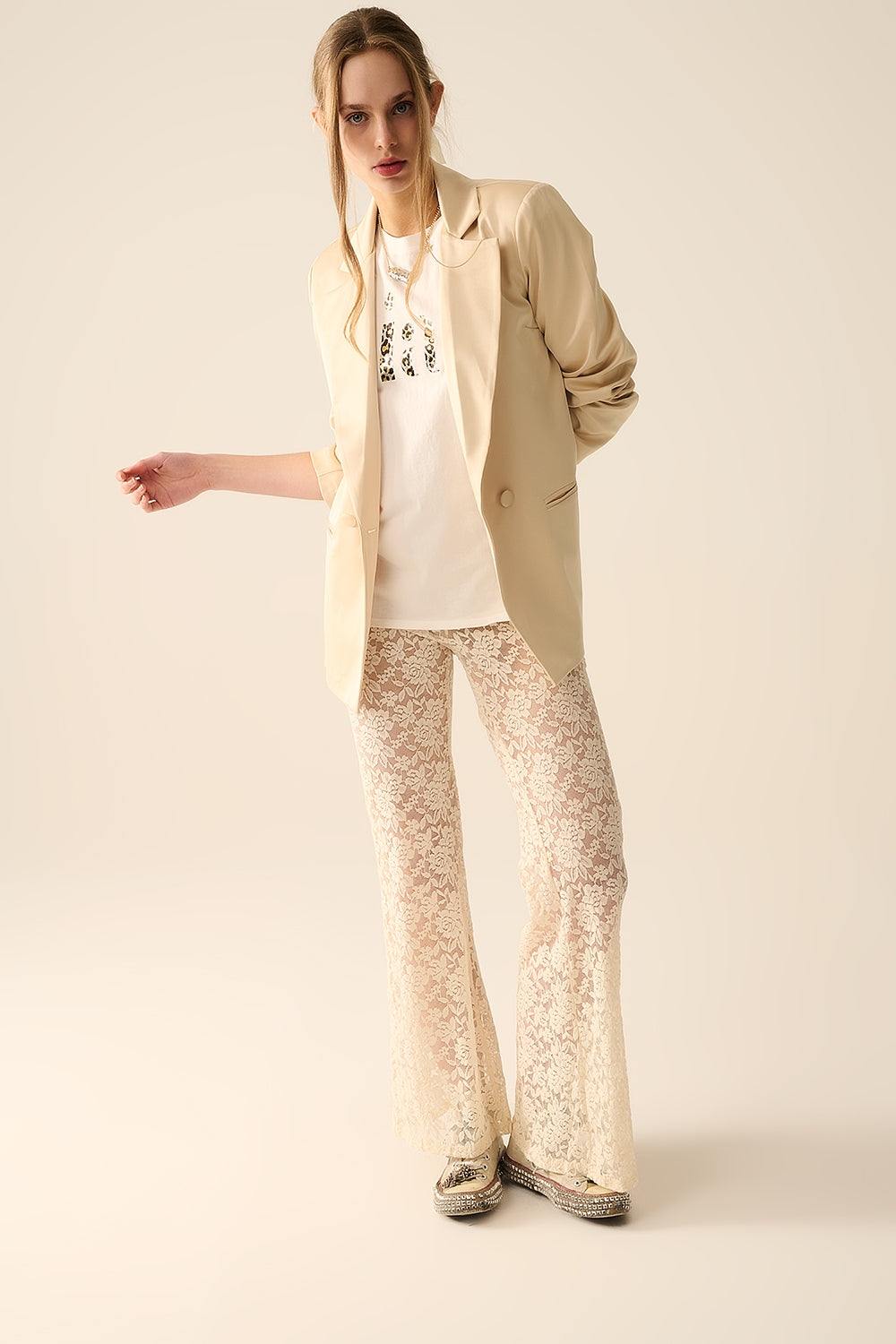 Floral Lace Cream Flared Pants for Women - Elegant Boho Chic Wide Leg Trousers - Perfect for Casual Outings, Date Nights & Summer Vacations