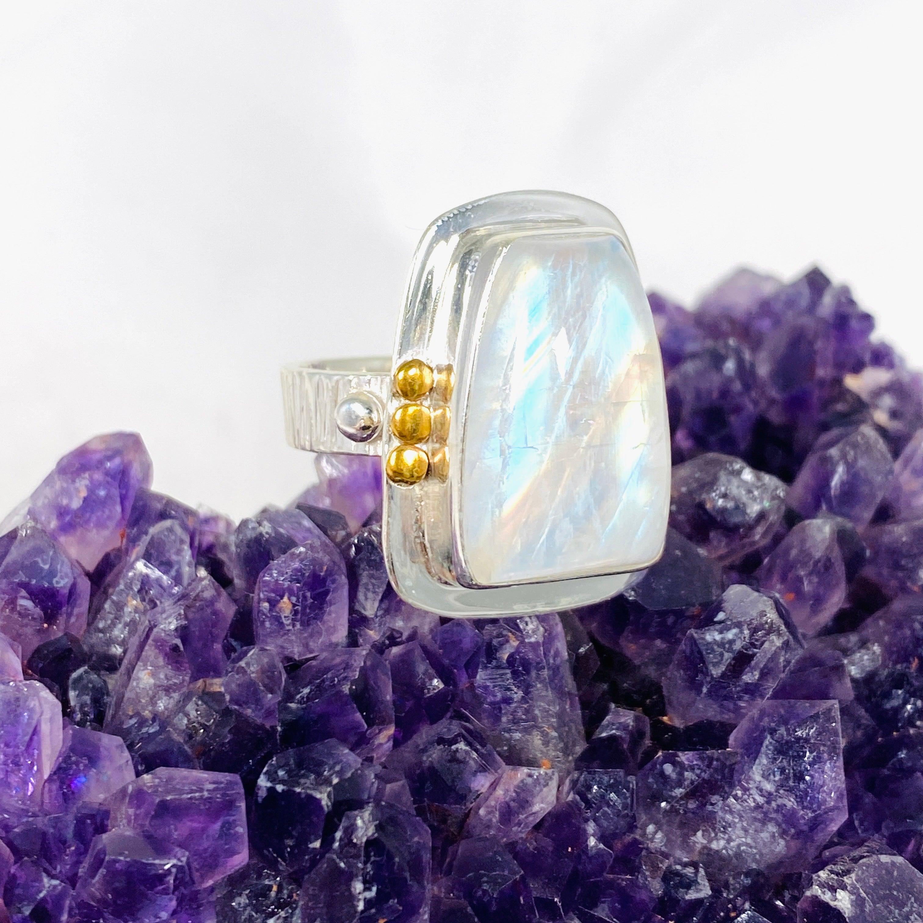 Moonstone Freeform Ring with Brass Detailing - Size 10 - KRGJ3035 - Boho Chic Jewelry for Women, Perfect for Everyday Wear & Special Occasions