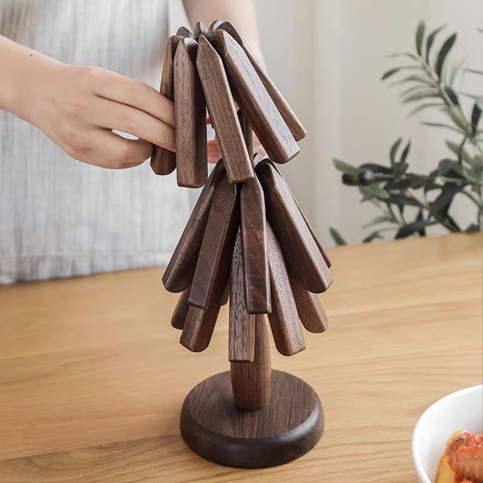 Heat Resistant Wooden Trivet Set of 3 - Non-Slip Foldable Christmas Tree Shaped Coasters for Pots, Pans, Plates & Drinks - Perfect for Holiday Dining, Kitchen Protection & Table Decor