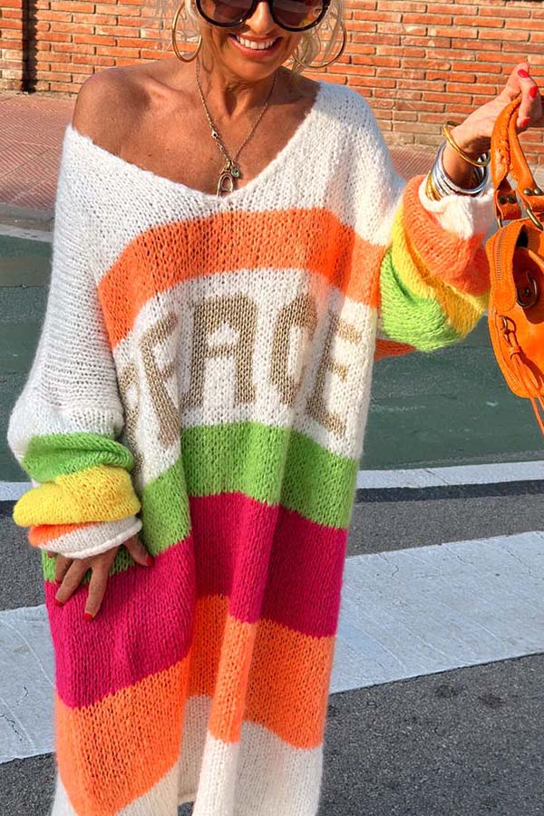 True Faith Knit Peace Pattern Color Blocks Loose Midi Sweater Dress - Cozy Casual Wear for Fall & Winter, Perfect for Office, Date Night and Weekend Outings