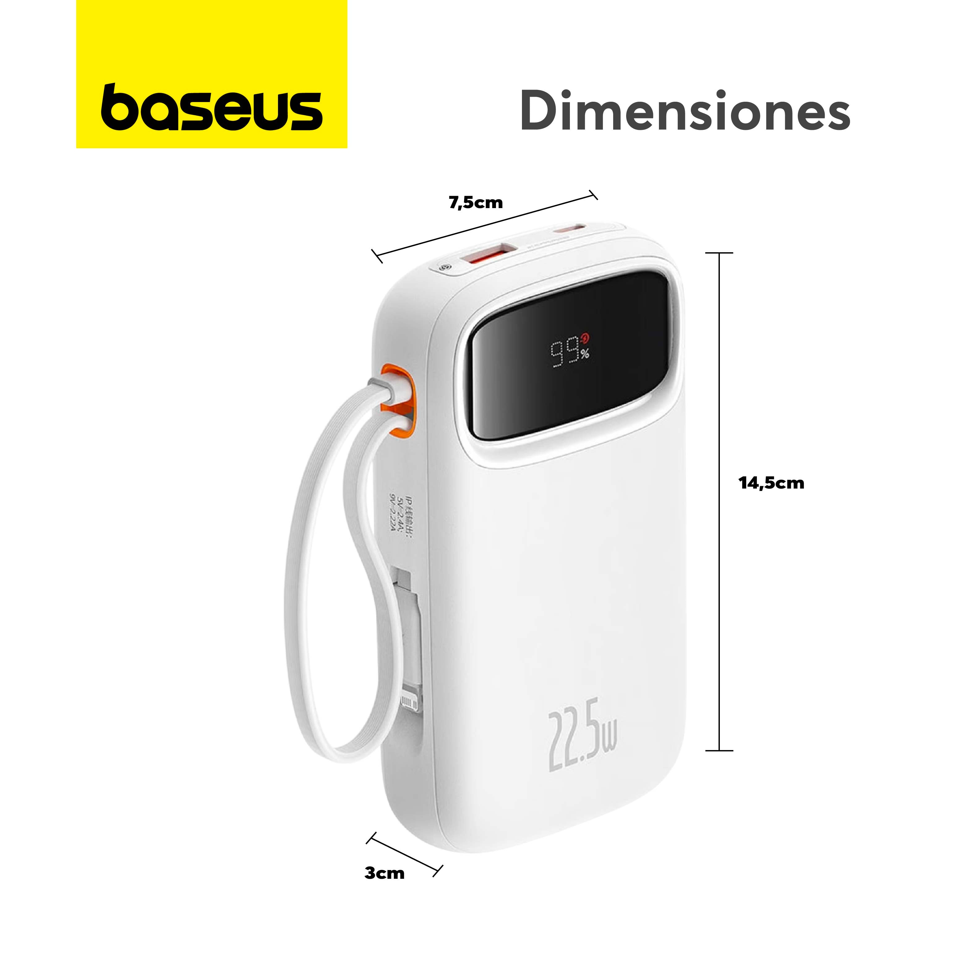 Baseus Qpow2 10000mAh Power Bank with Digital Display - 22.5W Fast Charging, Includes Lightning & Type-C Cables (White) - Perfect for Travel, Camping & Emergency Charging