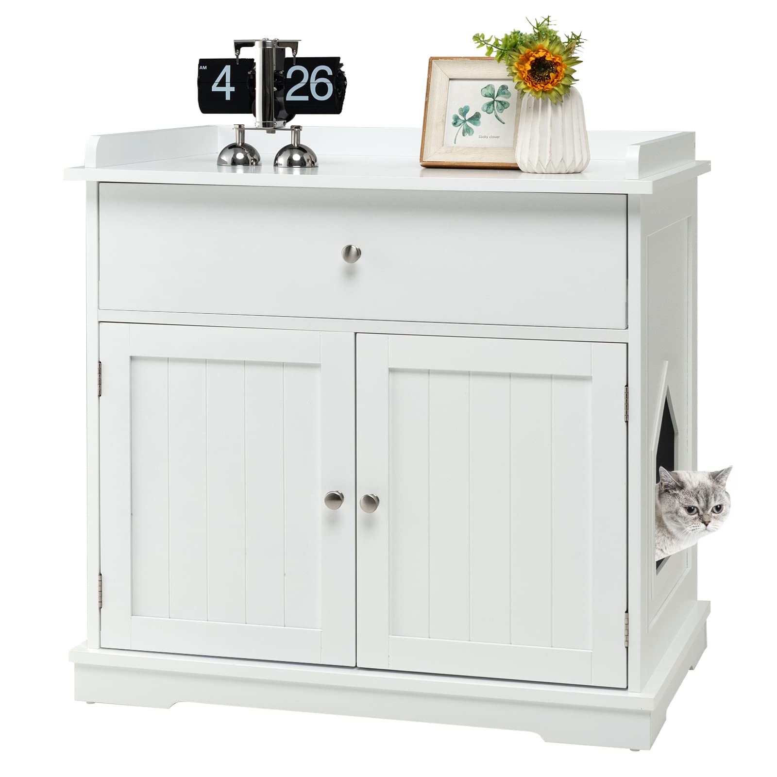 PETSITE Large Cat Litter Box Enclosure - Wooden Cat Washroom End Table with Drawer & 2 Doors, Hidden Litter Box Furniture Storage Cabinet for Home Decor (White) | Perfect for Living Room, Bedroom, or Apartment Spaces