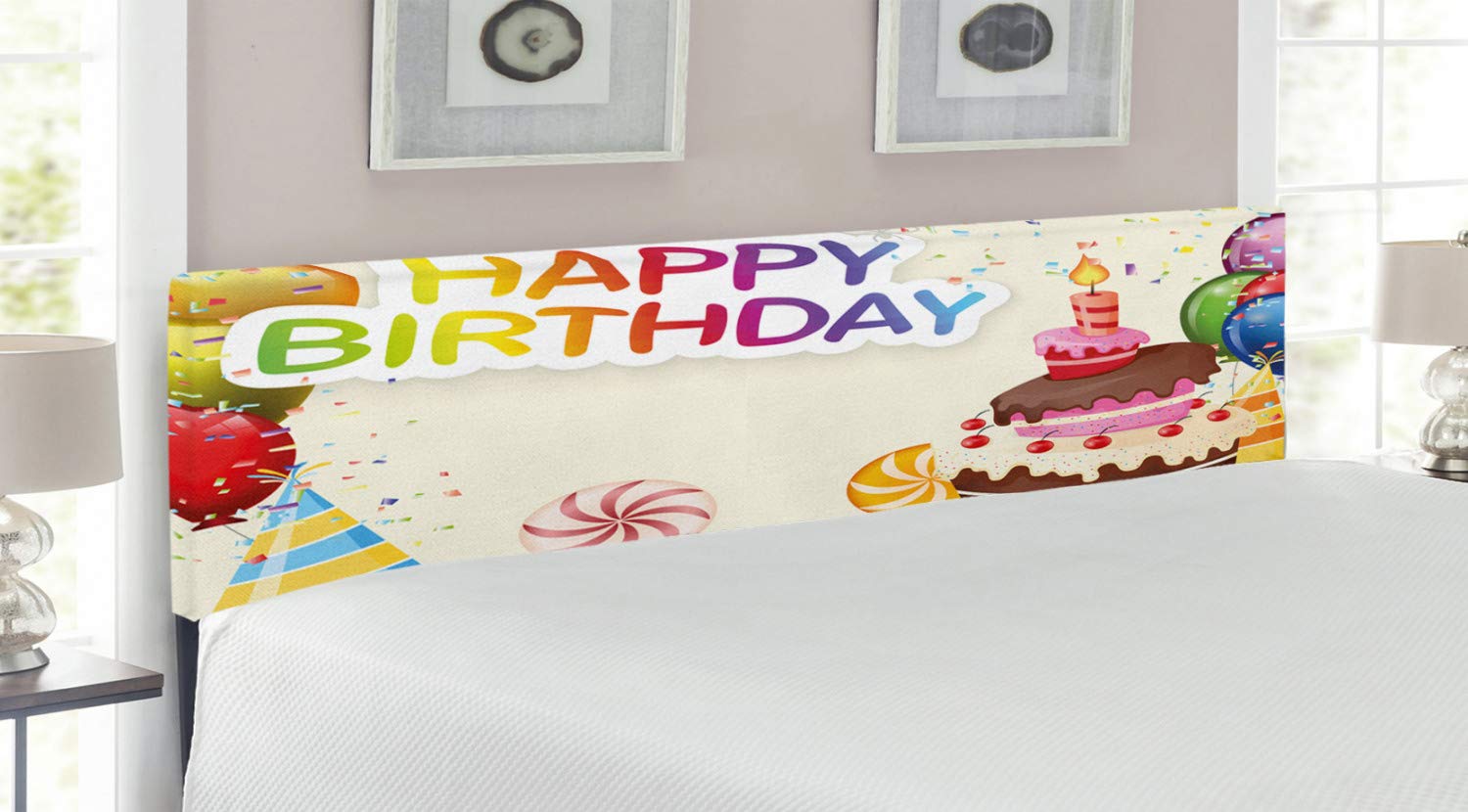 Ambesonne King Size Upholstered Headboard with Memory Foam - Colorful Birthday Theme Featuring Candies, Cake, Balloons & Party Hats - Decorative Metal Bed Headboard for Bedroom - Perfect for Birthday Parties, Kids Rooms & Festive Home Decor