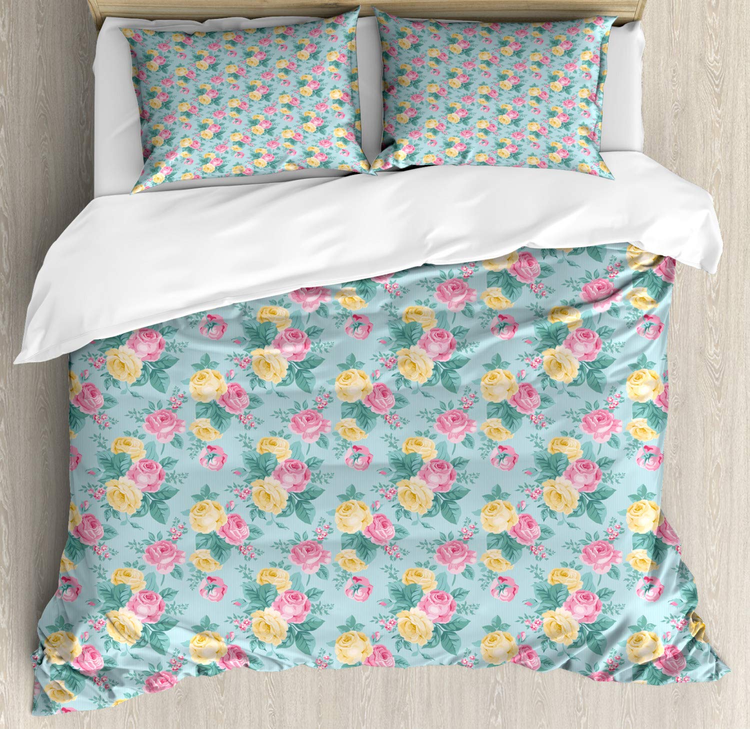 Ambesonne Shabby Floral Duvet Cover Set - Queen Size 2-Piece Bedding with 4 Pillowcases | Summer Rose & Leaf Pattern in Turquoise & Pale Pink | Perfect for Bridal Bedrooms, Guest Rooms & Boho Chic Decor