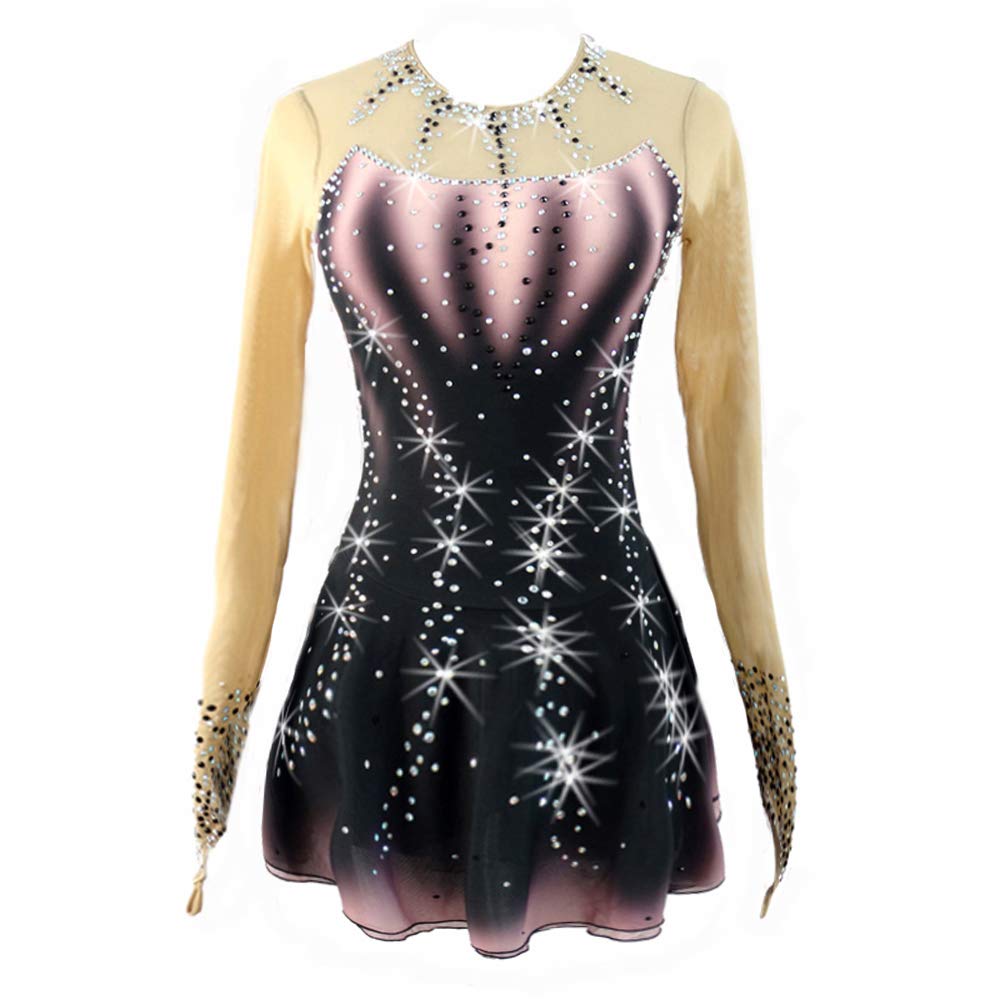 Elegant Black Gradient Ice Skating Dress with Beaded Long Sleeves - Competition & Performance Figure Skating Costume for Women & Girls - Perfect for Ice Shows, Competitions and Roller Skating