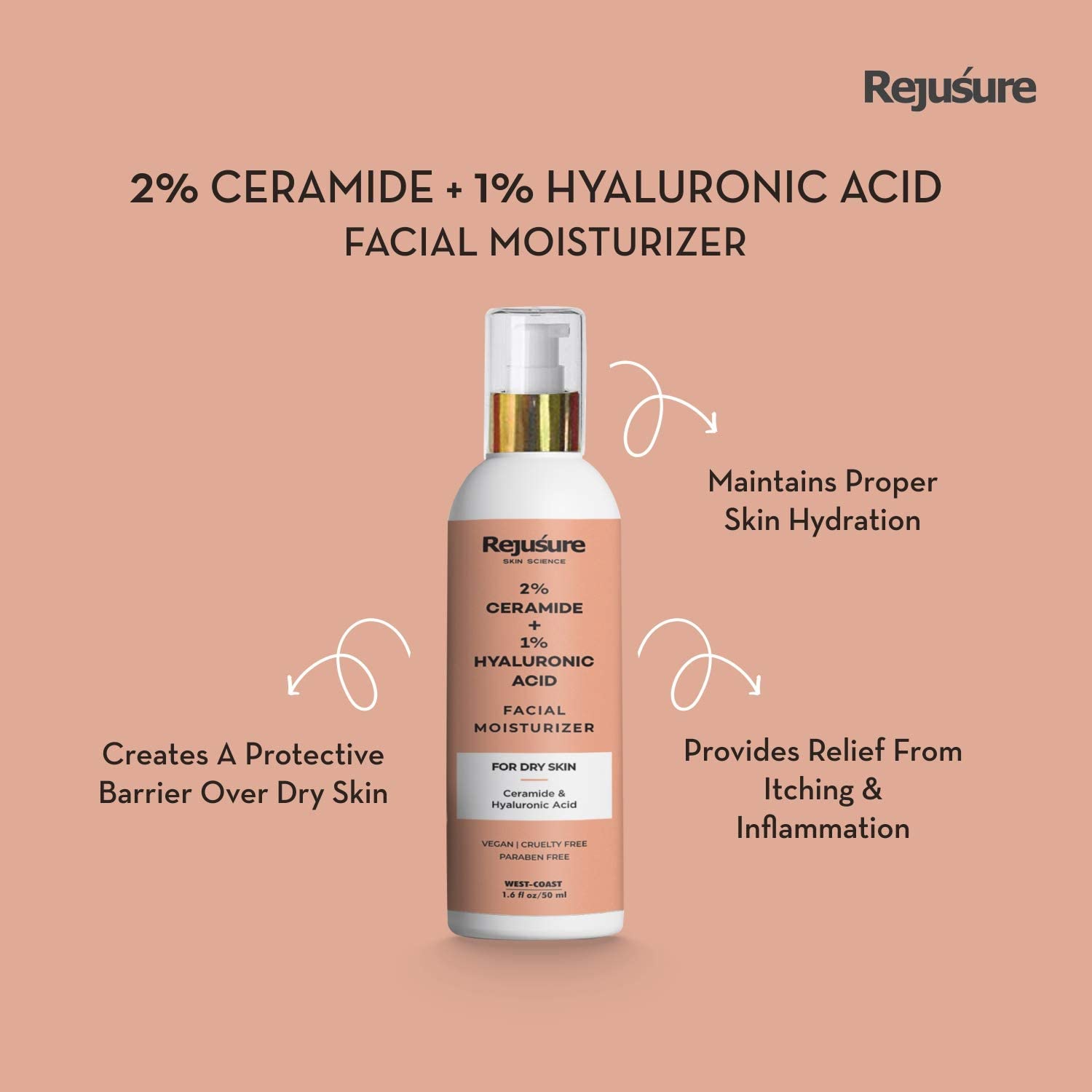 Rejusure Ceramide + Hyaluronic Acid Face Moisturizer Cream - 24 Hour Hydration for Dry, Sensitive & Glowing Skin | Anti-Aging Skin Care Treatment | Day & Night Use | 1.7 oz (50ml) | Perfect for Winter Skincare Routine & Post-Facial Hydration