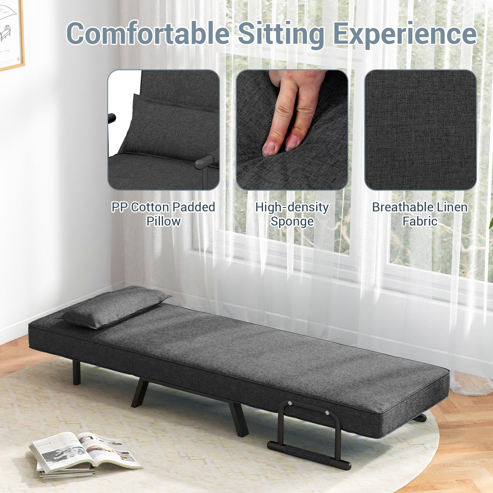 KOMFOTT 4-in-1 Convertible Sleeper Chair Bed - Adjustable Backrest Folding Sofa Bed with Removable Pillow, Upholstered Chaise Lounge for Living Room, Guest Room & Small Spaces (Dark Gray) | Perfect for Apartments, Dorms & Home Offices