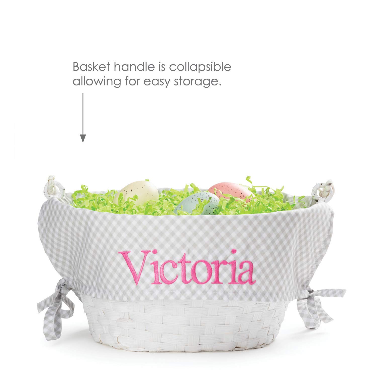 Personalized Easter Basket with Gray Gingham Liner & White Design - Custom Name Gift for Kids & Adults | Easter Egg Hunt, Spring Decor, Holiday Party Favors