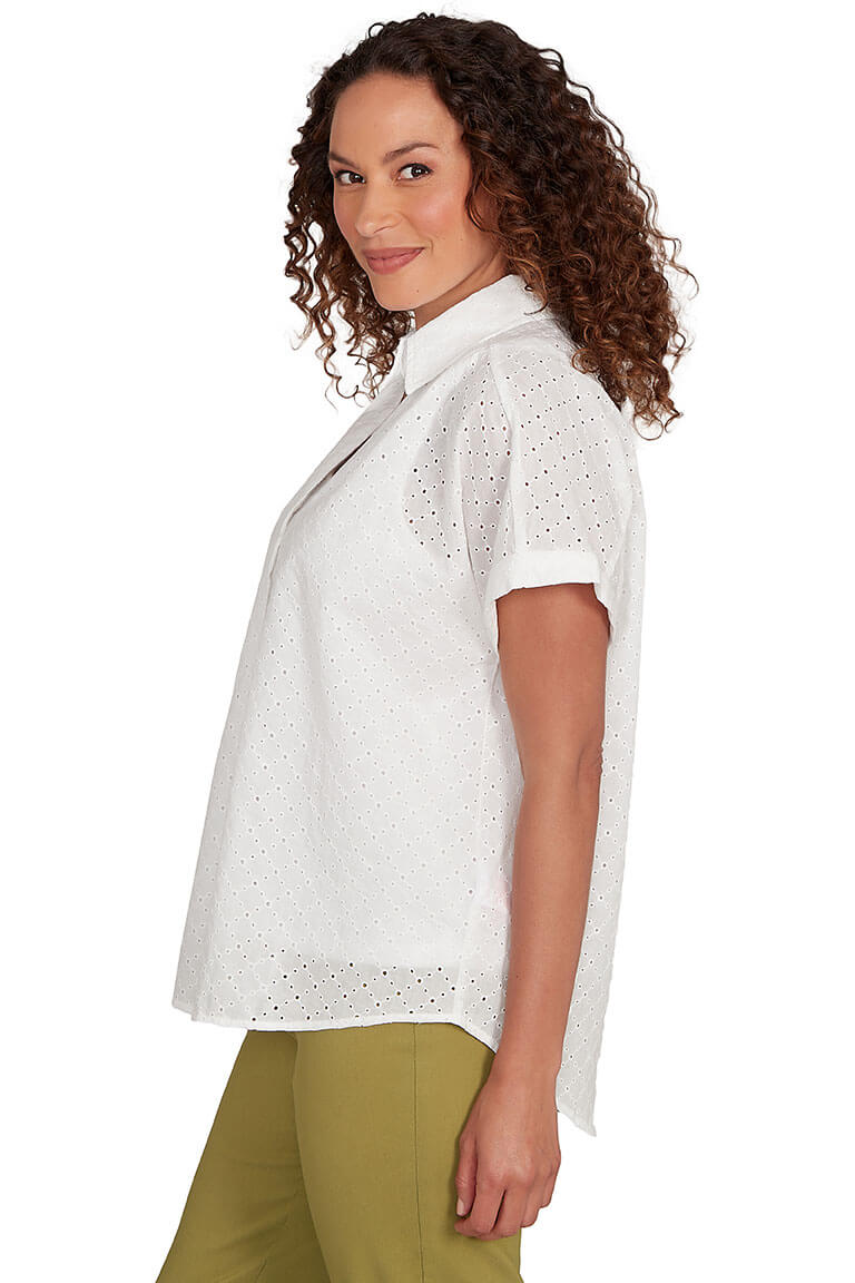 Peachy Keen Pleated Front Eyelet Blouse for Women - Floral Print Summer Tops - Casual & Office Wear - Perfect for Work, Date Night & Outdoor Events