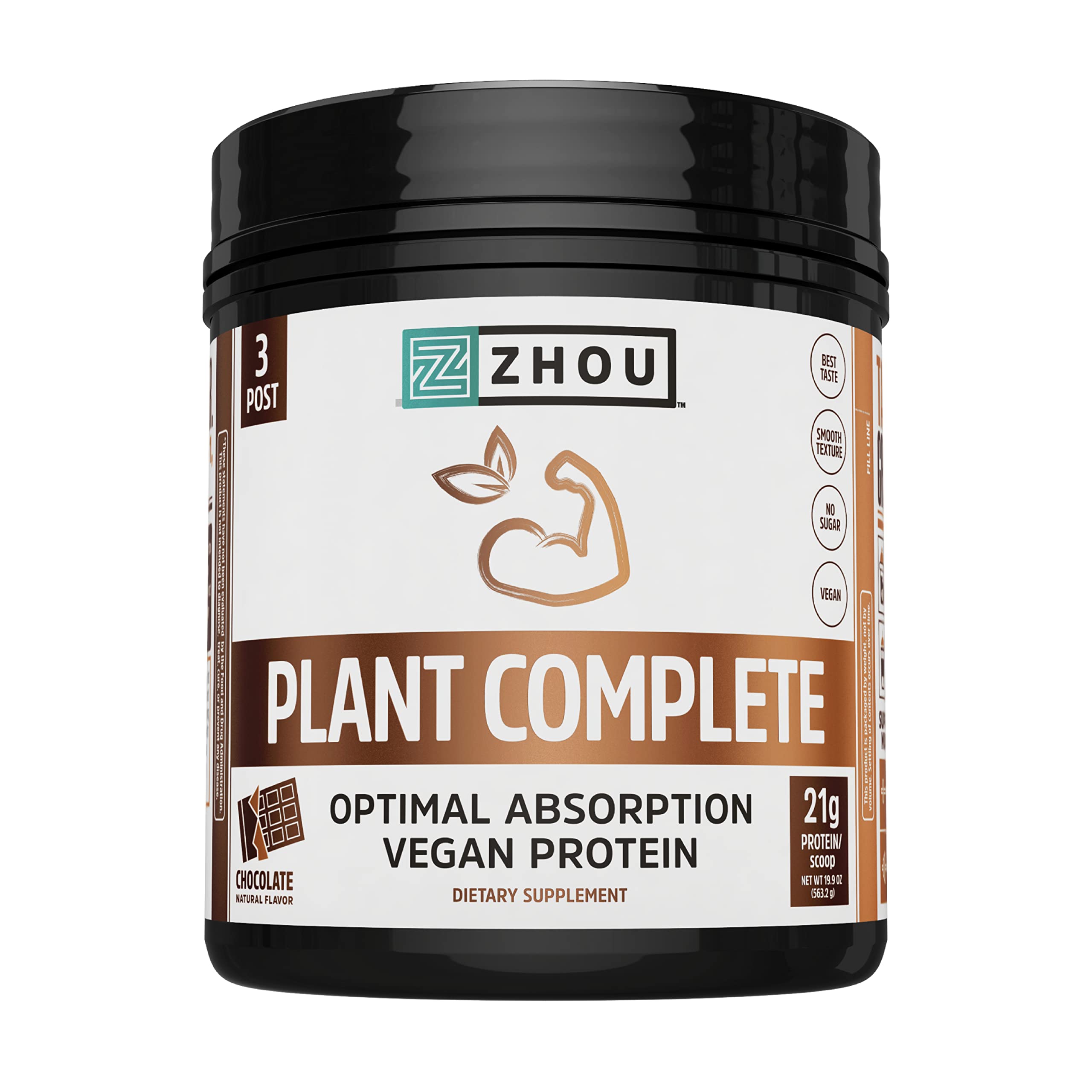 Zhou Nutrition Plant Based Vegan Protein Powder - Best Absorption & Digest Score, Complete Amino Acid Profile, Dairy Free, Soy Free, Gluten Free, Sugar Free, Chocolate Flavor (21g Protein/Scoop, 16 Servings) - Perfect for Post-Workout Recovery, Smoothies & Healthy Meal Replacement