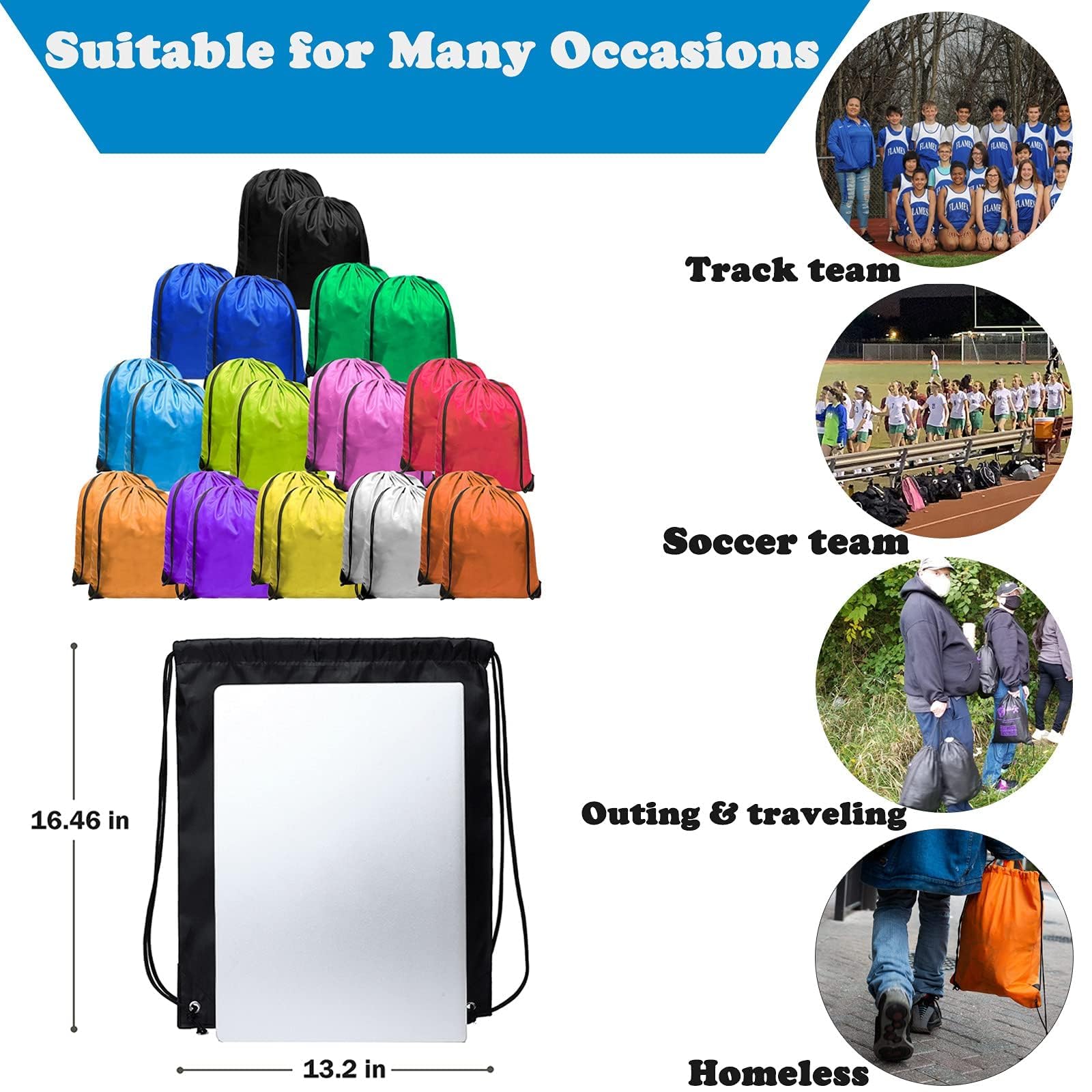 24-Pack Lightweight Nylon Drawstring Backpack - Bulk Sports Bags with Decorative Charms for Gym, Travel & School Supplies | Perfect for Sports Teams, Events & Promotions