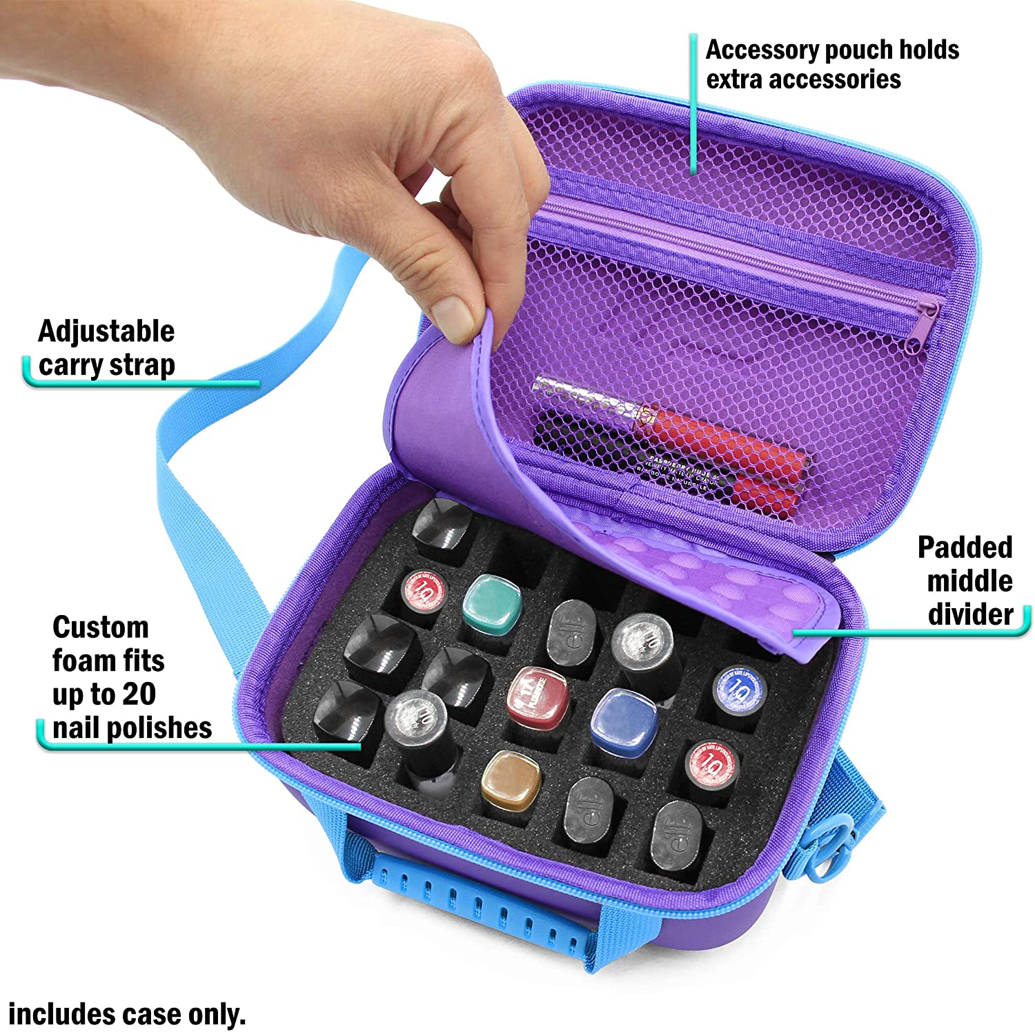 CASEMATIX Nail Polish Organizer Case - 20 Slot Nail Polish Holder with Padded Foam & Adjustable Shoulder Strap - Perfect for Travel, Salon Professionals & At-Home Manicures