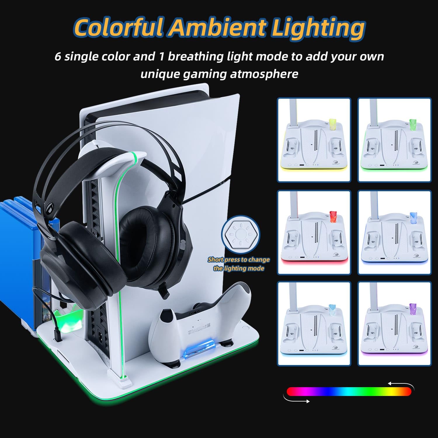 Mcbazel PS5 Slim Charging Station with Cooler & RGB Light - 3-Speed Cooling Dock, Gaming Headset Holder & Disc Storage Accessories - White (Not for PS5/PS5 Pro) | Perfect for Gaming Setup & Console Organization