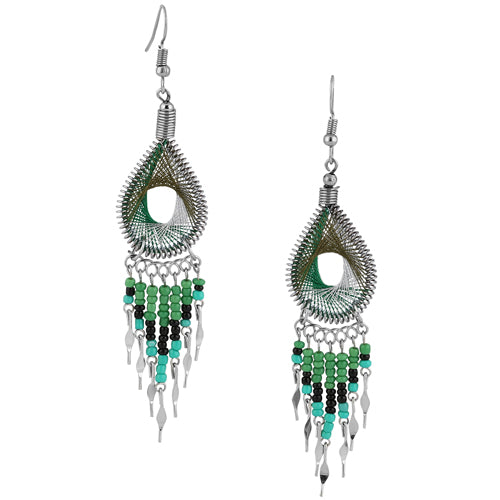 Handmade Peruvian Forest Green & Silver Beaded Dangle Earrings - Stainless Steel Jewelry for Women | Boho Chic Accessories for Parties, Weddings & Everyday Wear