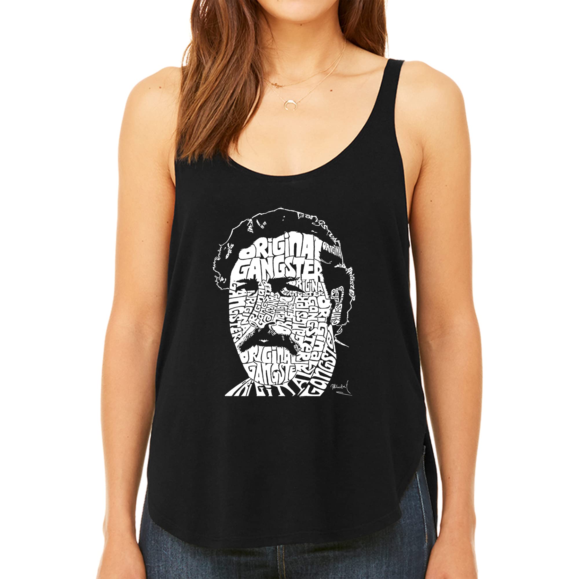 LA POP ART Women's Premium Word Art Flowy Tank Top - Pablo Escobar Inspired Graphic Tee | Trendy Casual Summer Tops for Women | Perfect for Beach Outings, Music Festivals & Streetwear Fashion