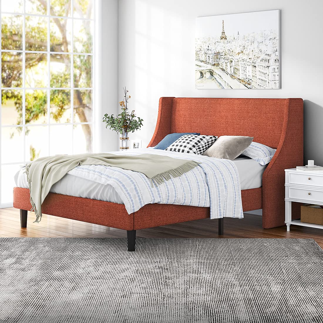 HOOMIC Full Size Bed Frame with Headboard - Modern Fabric Upholstered Wingback Platform Bed | Sturdy Wood Slat Support | No Box Spring Needed | Easy Assembly | Burnt Orange | Perfect for Master Bedrooms, Guest Rooms & Small Spaces