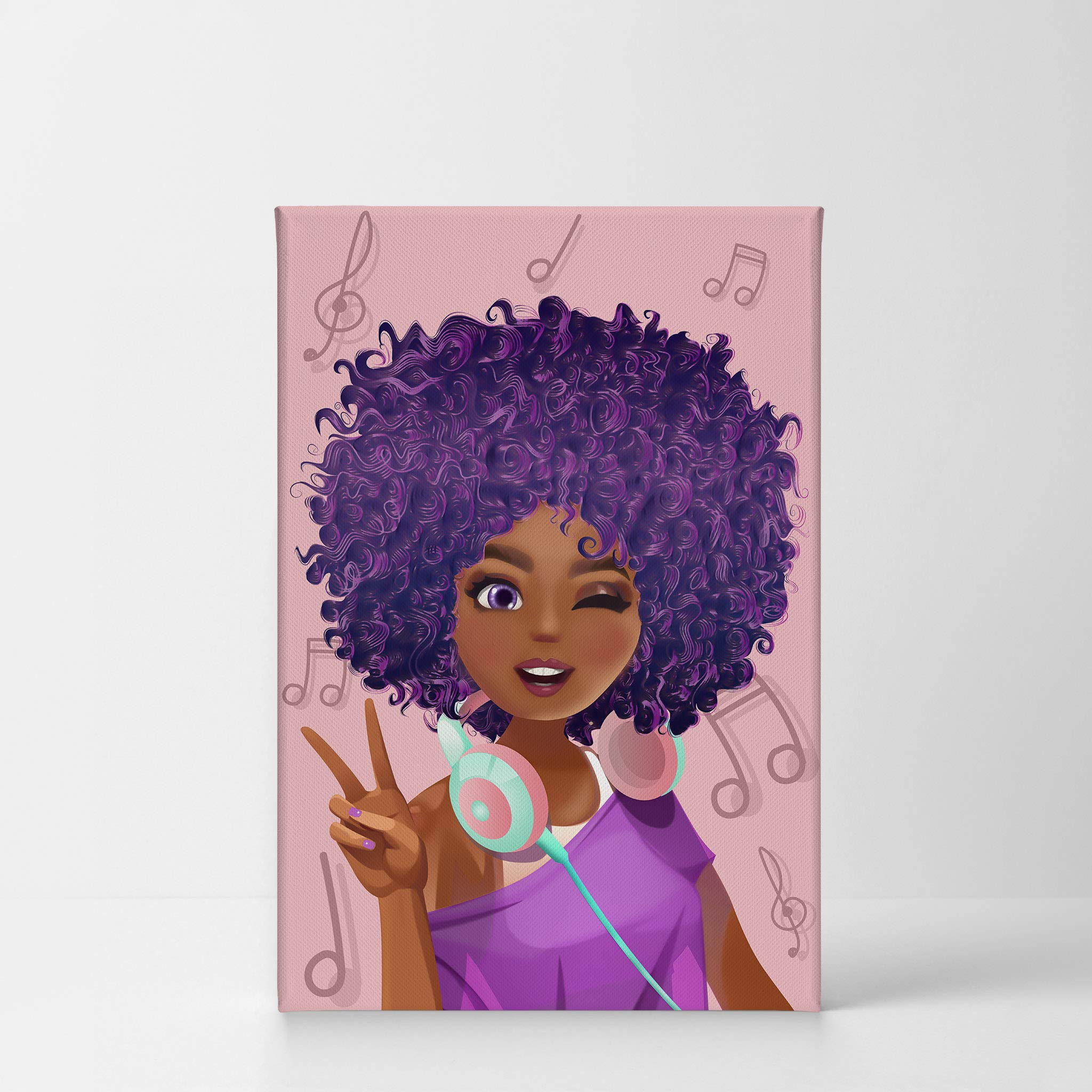 African American Wall Art Canvas Print - Black Girl Wall Decor, Purple Pink African American Pretty Girl Painting, 36x24 Inches - Perfect for Kids Room, Living Room & Bedroom Decor