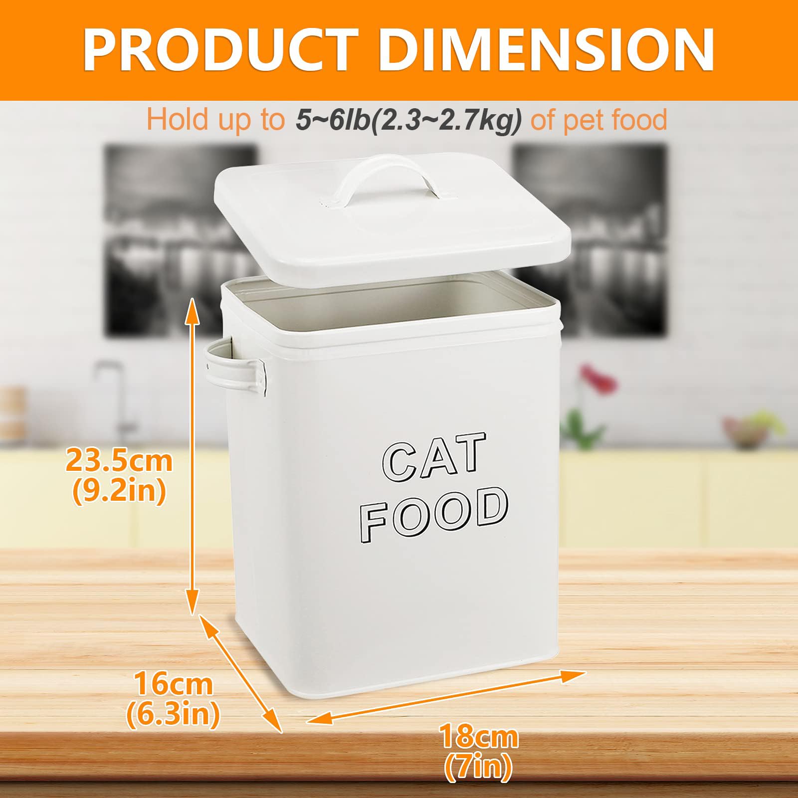 Premium Cat Food and Treat Storage Containers with Scoop - Airtight Wood Lids & Coated Carbon Steel Canisters for Fresh Pet Food - Perfect for Kitchen Pantry or Pet Feeding Station (White)