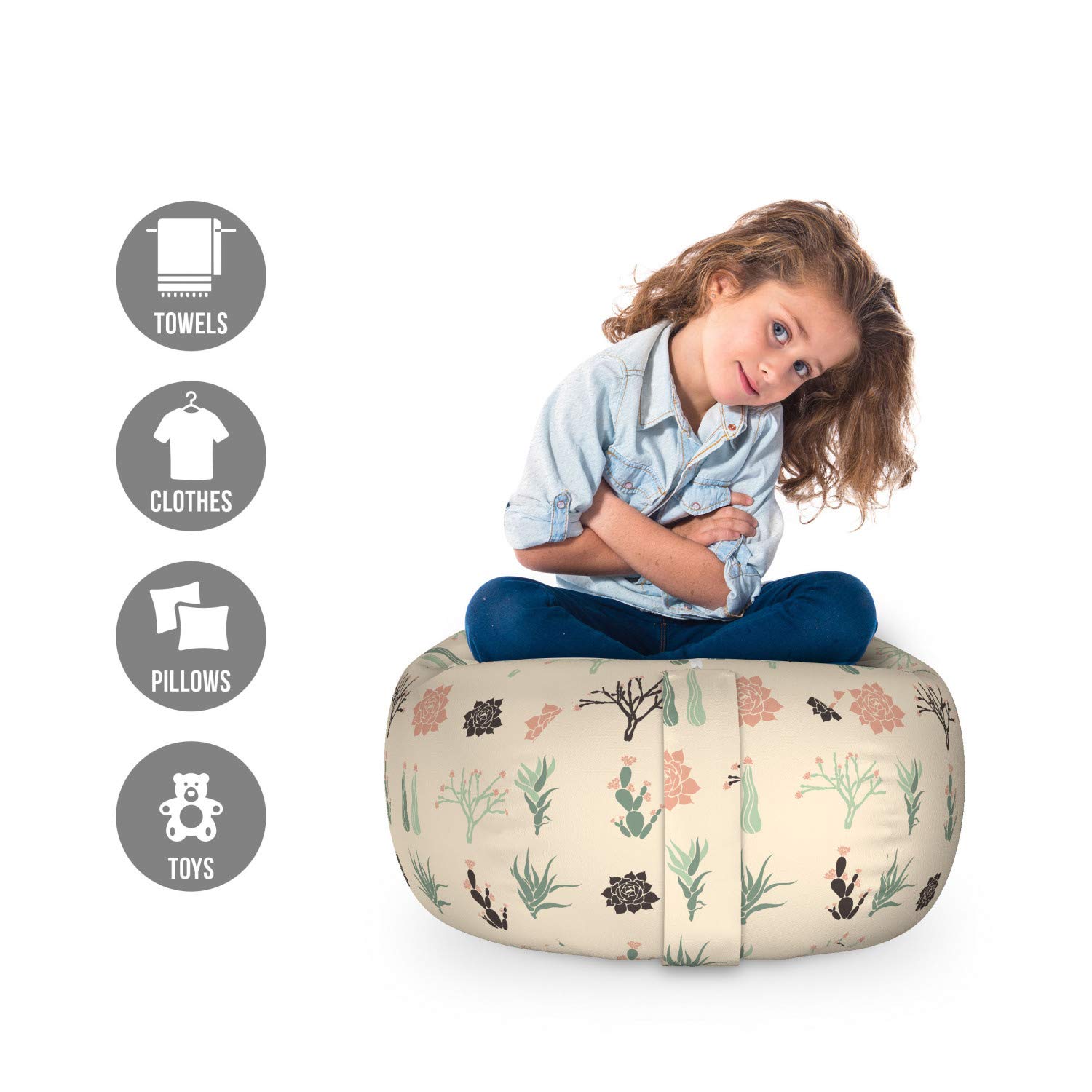 Ambesonne Cactus Toy Storage Bag Chair - Washable Stuffed Animal Organizer with Sempervivum Haworthia Opuntia Succulent Design on Pastel Backdrop, Small Size Champagne Peach - Perfect for Kids' Room, Nursery, or Playroom Organization
