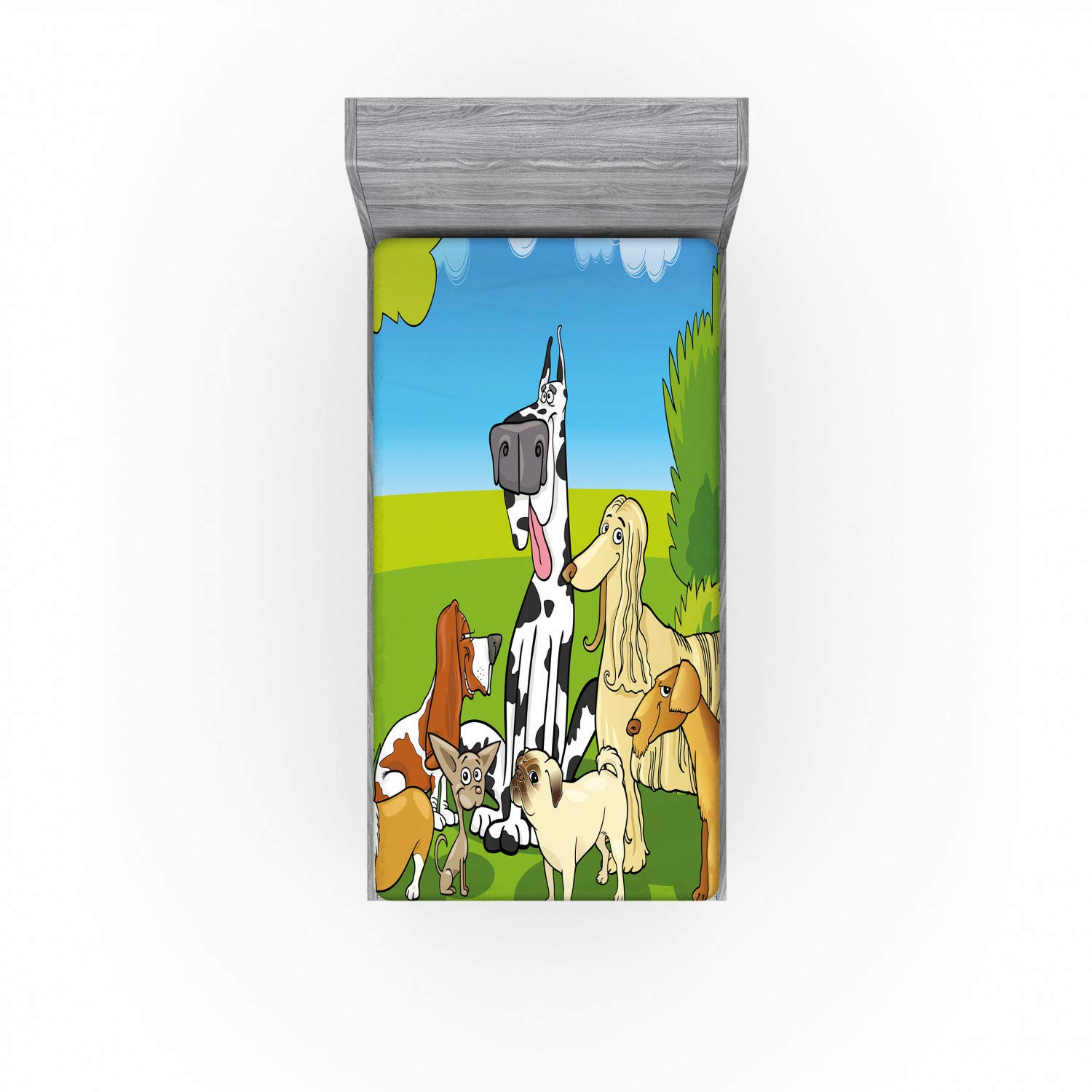 Ambesonne Dog Lover Fitted Sheet - Cartoon Illustration of Funny Purebreds in Sunny Forest | All-Round Elastic Deep Pocket Bed Cover for Twin XL Size | Perfect for Pet Lovers' Bedrooms, Guest Rooms & Dog-Themed Decor