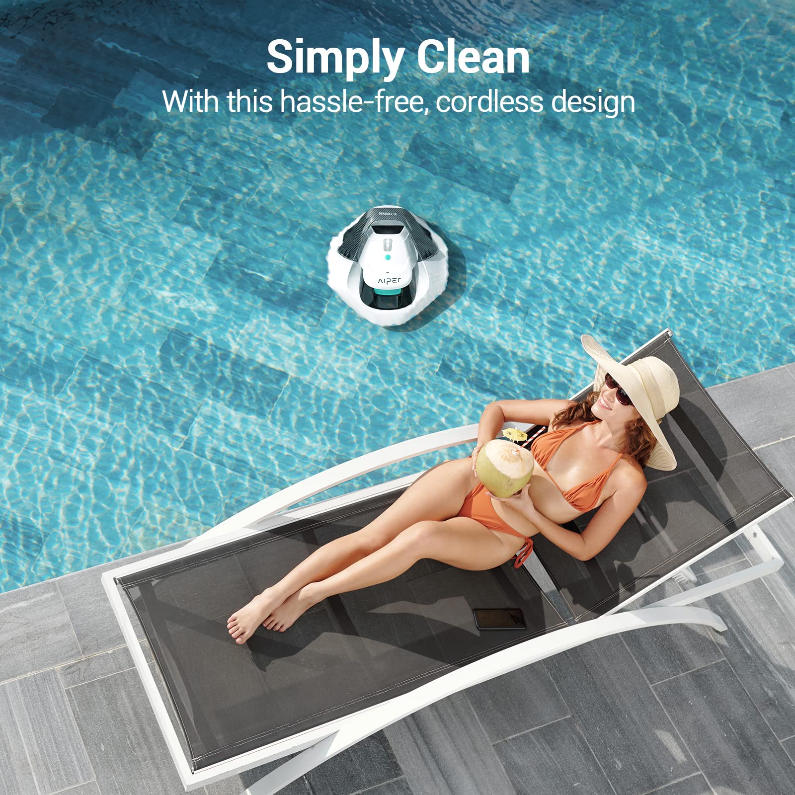 AIPER Seagull SE Cordless Robotic Pool Cleaner - 90 Min Runtime, LED Indicator, Self-Parking - Ideal for Above Ground & Inground Pools up to 33ft - White (Renewed) - Perfect for Weekly Pool Maintenance & Quick Cleanups