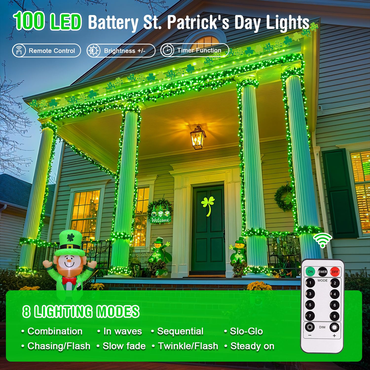 JMEXSUSS 100 LED Green Fairy Lights for St. Patrick's Day Decorations - 33ft Battery Operated String Lights with Remote - Indoor/Outdoor Waterproof Christmas Lights for Trees, Parties, Weddings & Holiday Decor