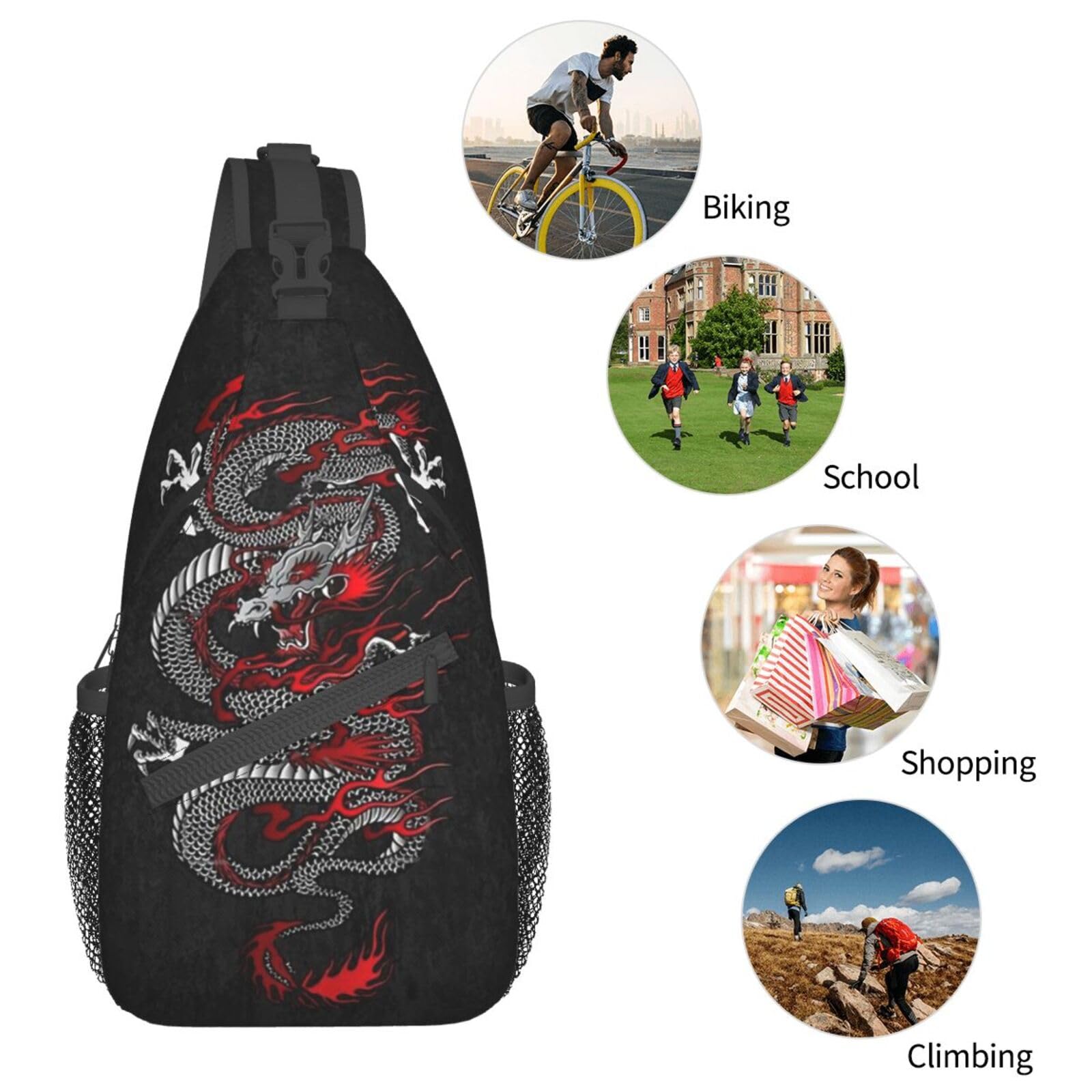 Men's Dragon Print Crossbody Sling Bag - Waterproof Chest Shoulder Backpack for Outdoor Hiking, Travel & Daily Use | Casual Daypack with Adjustable Strap