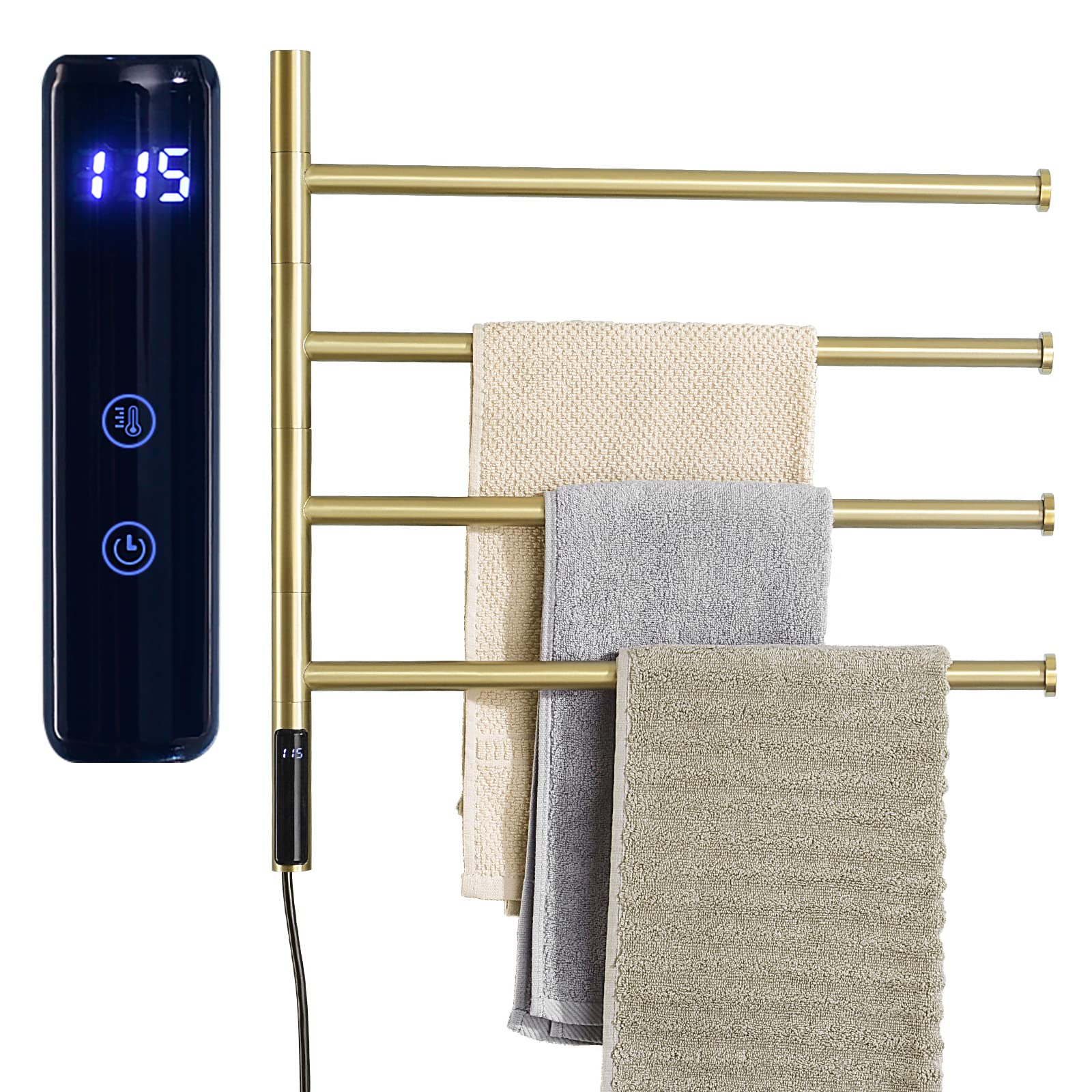 TRUSTMI 4-Arm Swivel Electric Towel Warmer Rack - Built-in Timer & Temperature Indicator, Wall Mounted Plug-in Heated Towel Rack for Bathroom (Brushed Gold) - Perfect for Spa, Luxury Hotels & Cozy Home Bathrooms