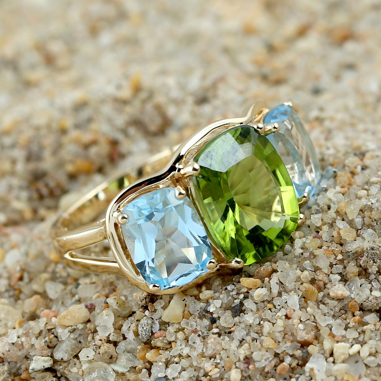18K Yellow Gold Cushion Cut Peridot & Blue Topaz Three Stone Ring | Elegant Birthstone Jewelry for Women, Perfect for Anniversaries, Engagements & Special Occasions