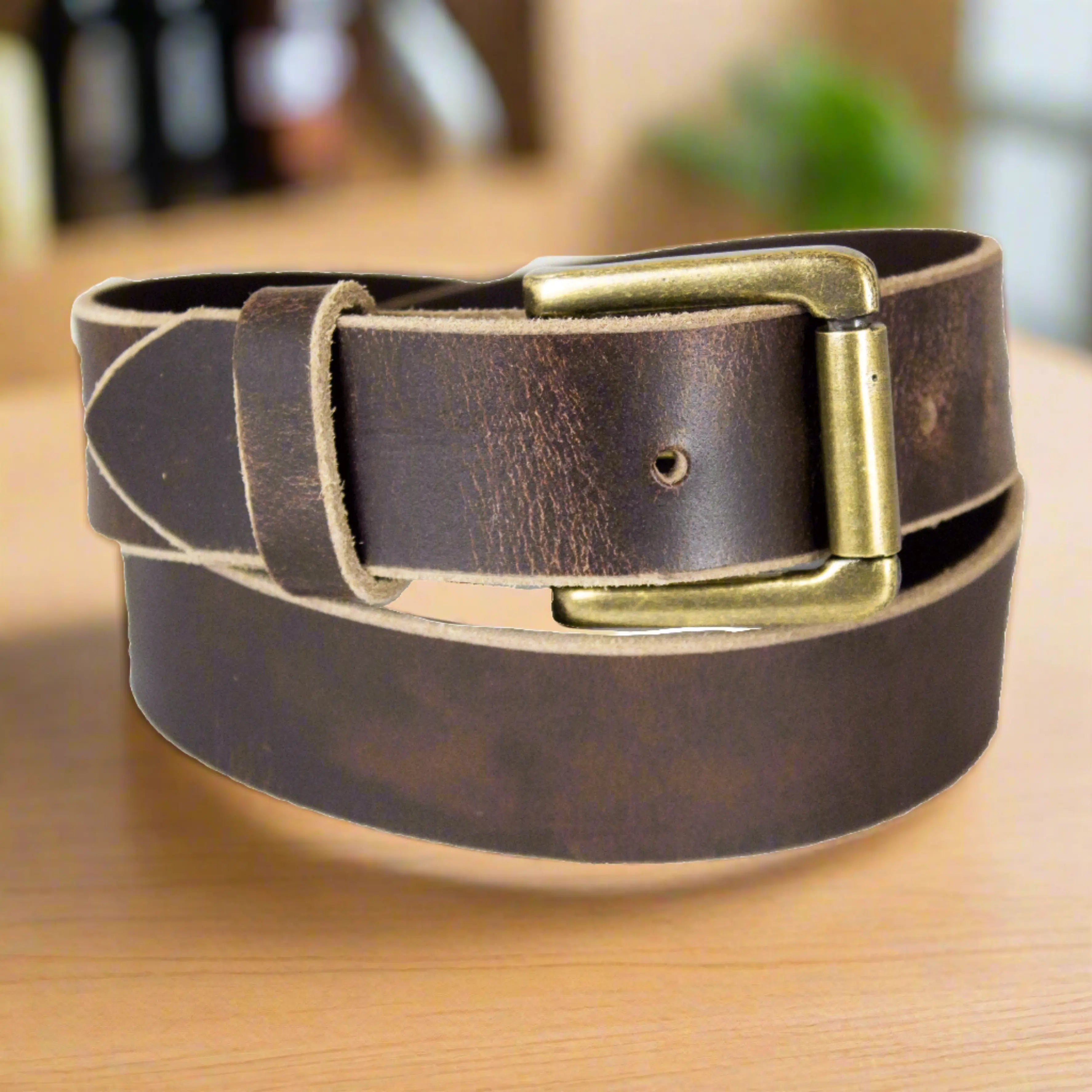 BOL Men's Distressed Waxy Oil Leather Belt with Removable Buckle - Vintage Style Casual & Dress Belt for Jeans, Pants & Office Wear