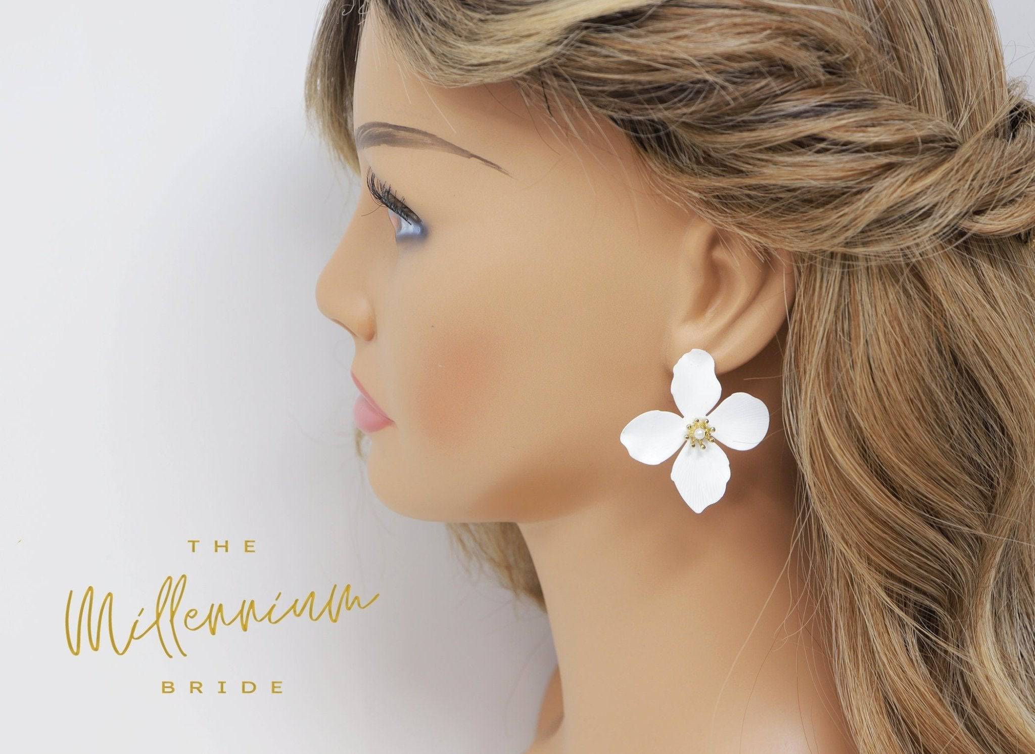 Elegant Four Petal Long White Flower Pearl Earrings – Bridal Jewelry, Wedding Stud Earrings, Statement Earrings for Bride & Bridesmaid – Perfect for Weddings, Parties & Special Occasions