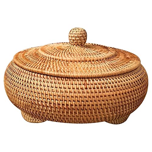 Hand-Woven Rattan Storage Basket with Lid - Round Woven Storage Box for Jewelry, Snacks & Tea Set (22x13cm/28x14cm) - Natural Home Organization for Bedroom, Bathroom & Living Room Decor