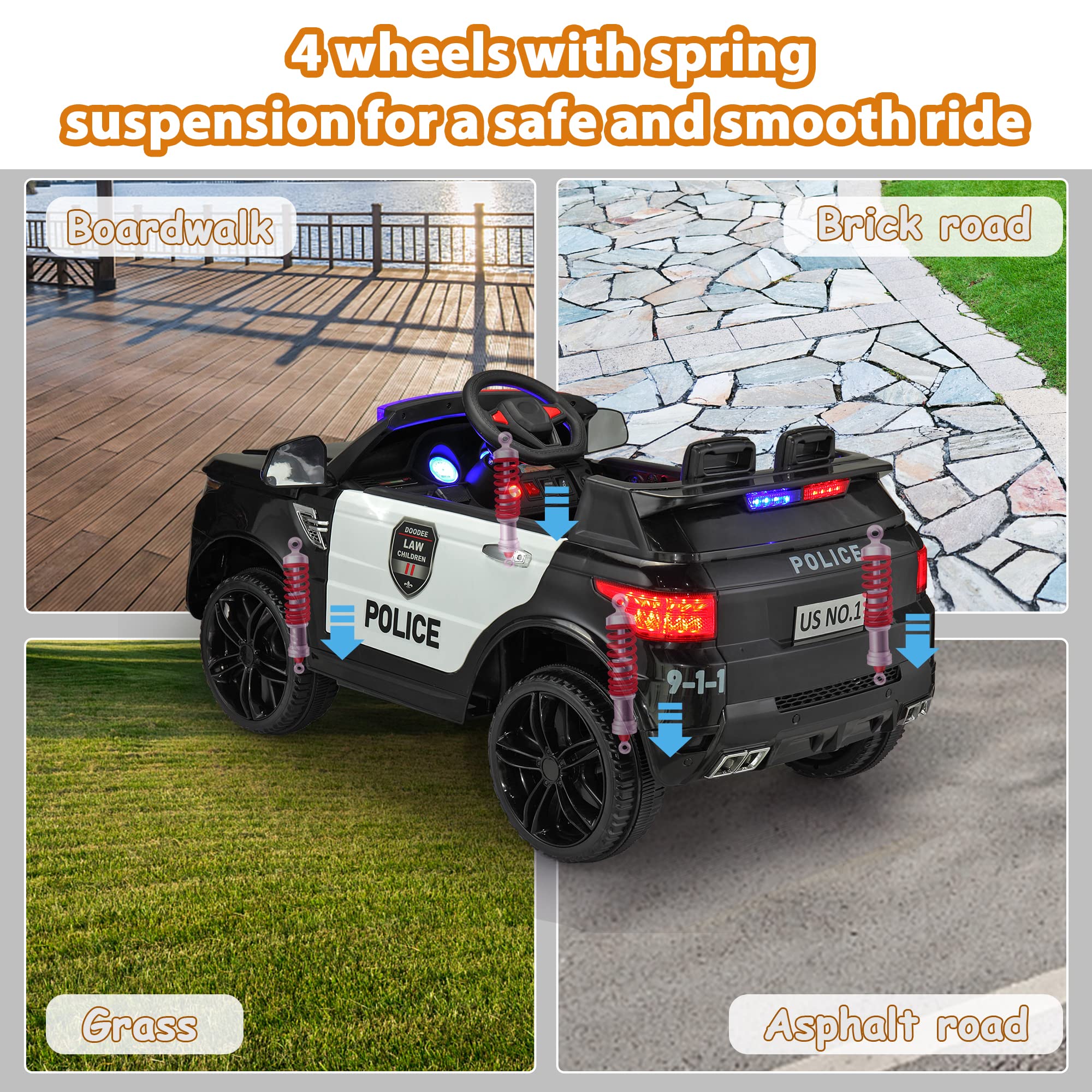 TOBBI Kids Electric Police Car Ride-On Toy with Remote Control, Siren, Flashing Lights & Music - Battery Powered Spring Suspension Toy Vehicle for Boys & Girls (Carbon Black) - Perfect for Birthday Gifts, Outdoor Play & Pretend Police Adventures