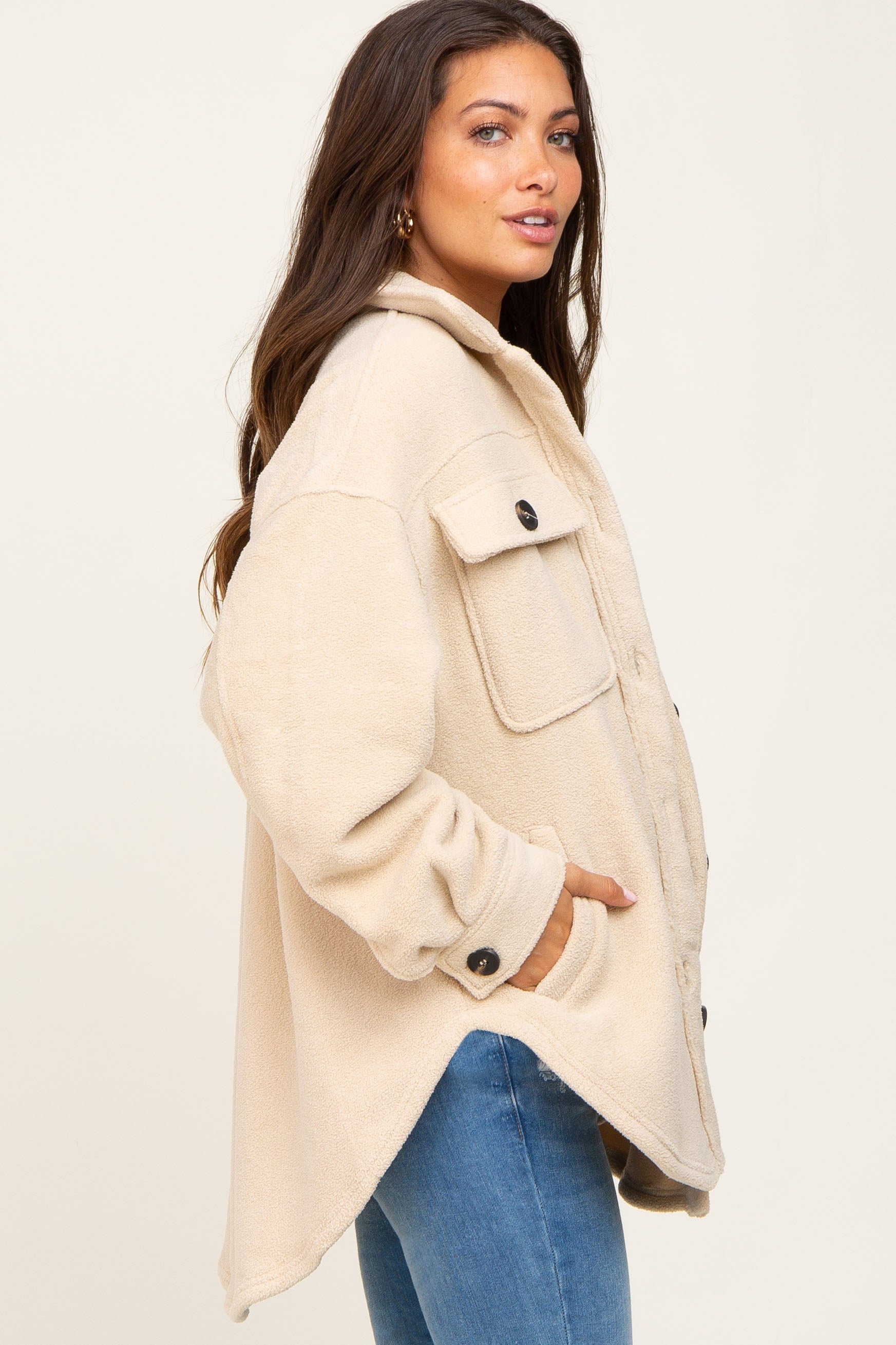 Cozy Beige Fleece Maternity Shirt Jacket for Pregnant Women - Soft & Warm Open Front Cardigan for Pregnancy Comfort, Nursing & Casual Wear