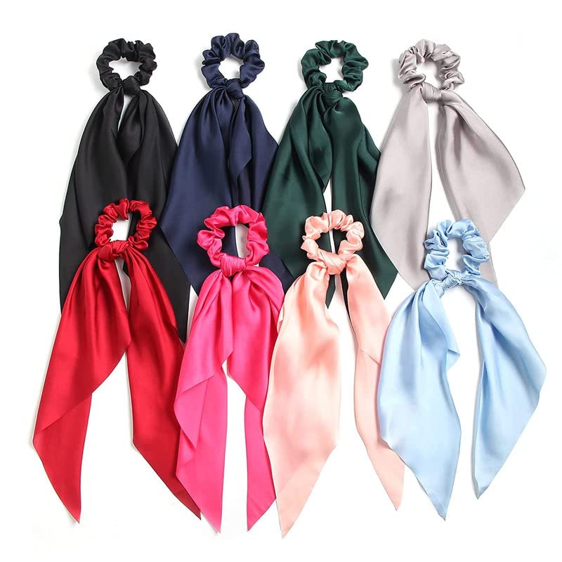 CHRONEX 8-Piece Satin Chiffon Hair Bows Set - Long Tail Elastic Ribbon Headbands, Scarf Scrunchies & Ponytail Holders for Women Girls (Elegant Bowknot Design) - Perfect for Parties, Weddings, School Events & Daily Hair Accessories