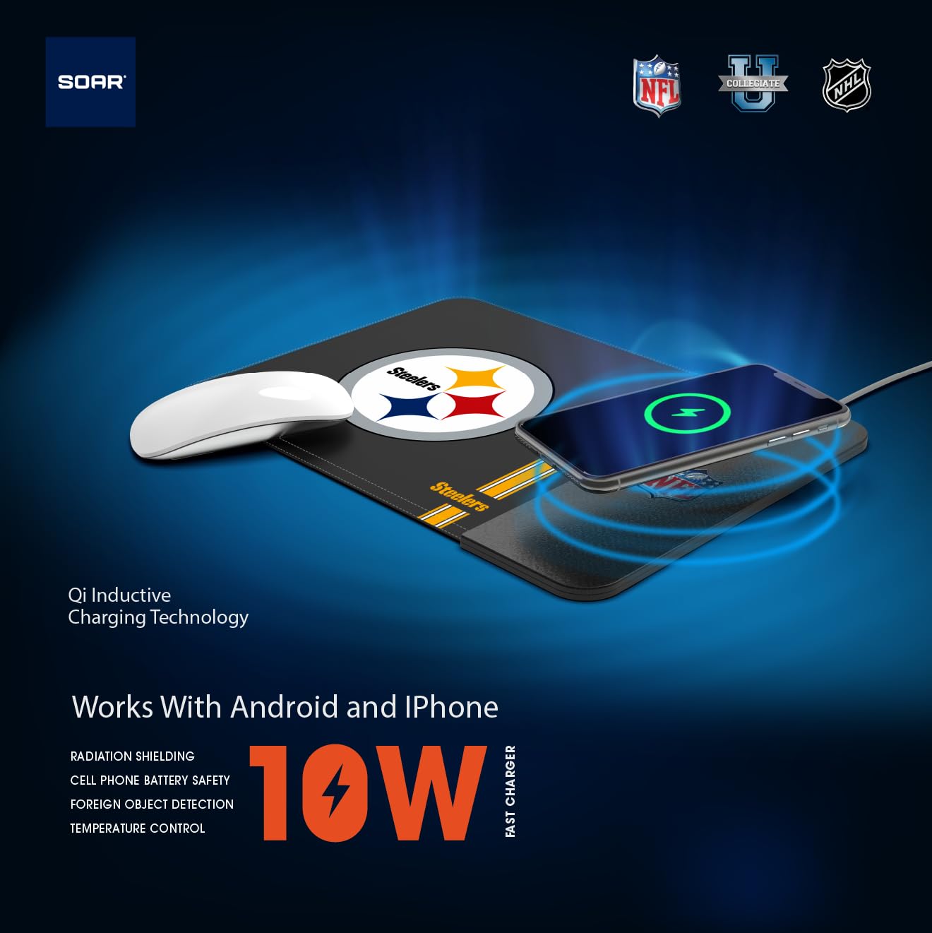 SOAR NCAA Unisex Wireless Charging Mouse Pad with Phone Holder - Perfect for Gaming, Office & College Dorm Desk Accessories