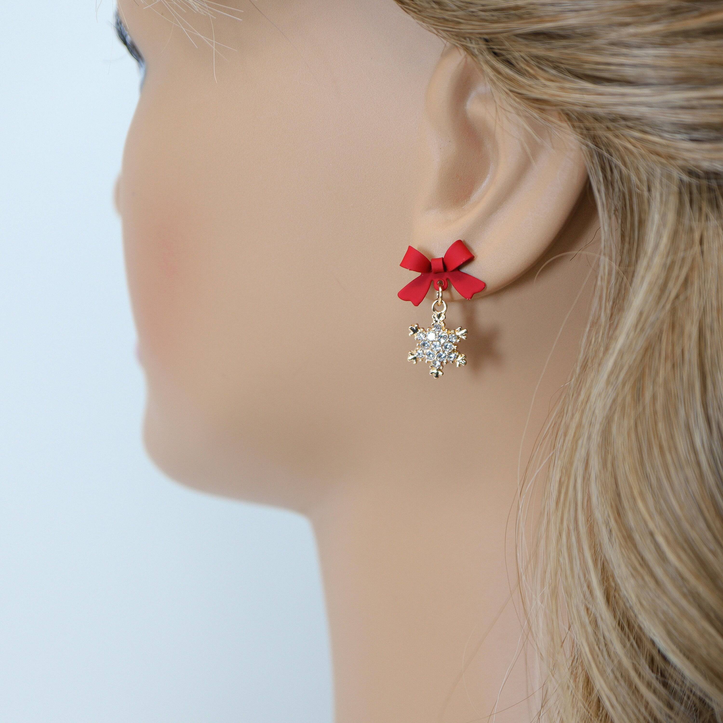 Red Crystal Snowflake Drop Christmas Earrings - Gold Star Dangle Earrings for Holiday Parties, Gift Giving & Festive Celebrations