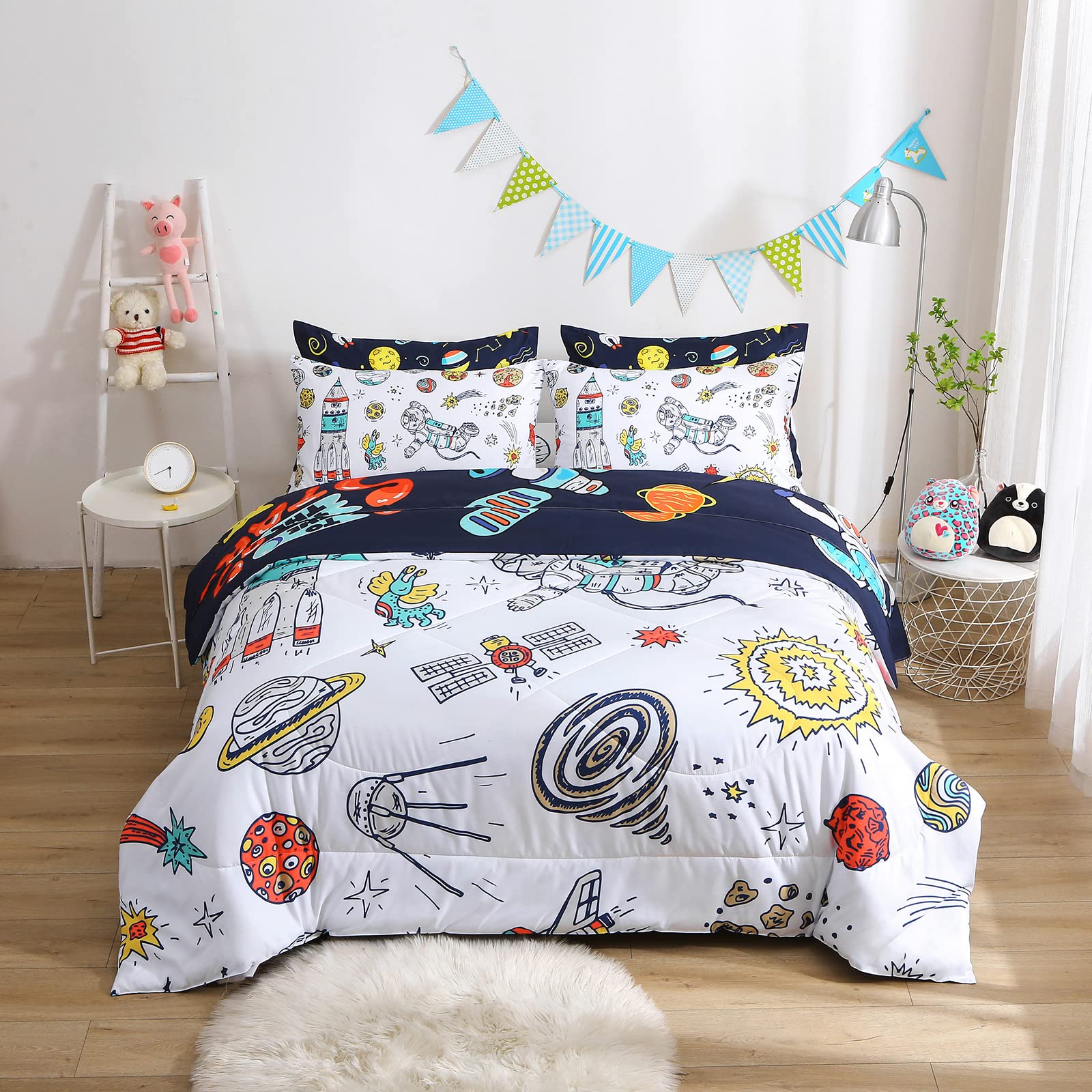 Yasida 7-Piece Twin Space Bedding Set for Kids & Teens - Astronaut Themed Comforter Set with 1 Comforter, 1 Flat Sheet, 1 Fitted Sheet & 4 Pillowcases - Perfect for Boys' Room Decor, Space-Themed Bedrooms & Gift Ideas