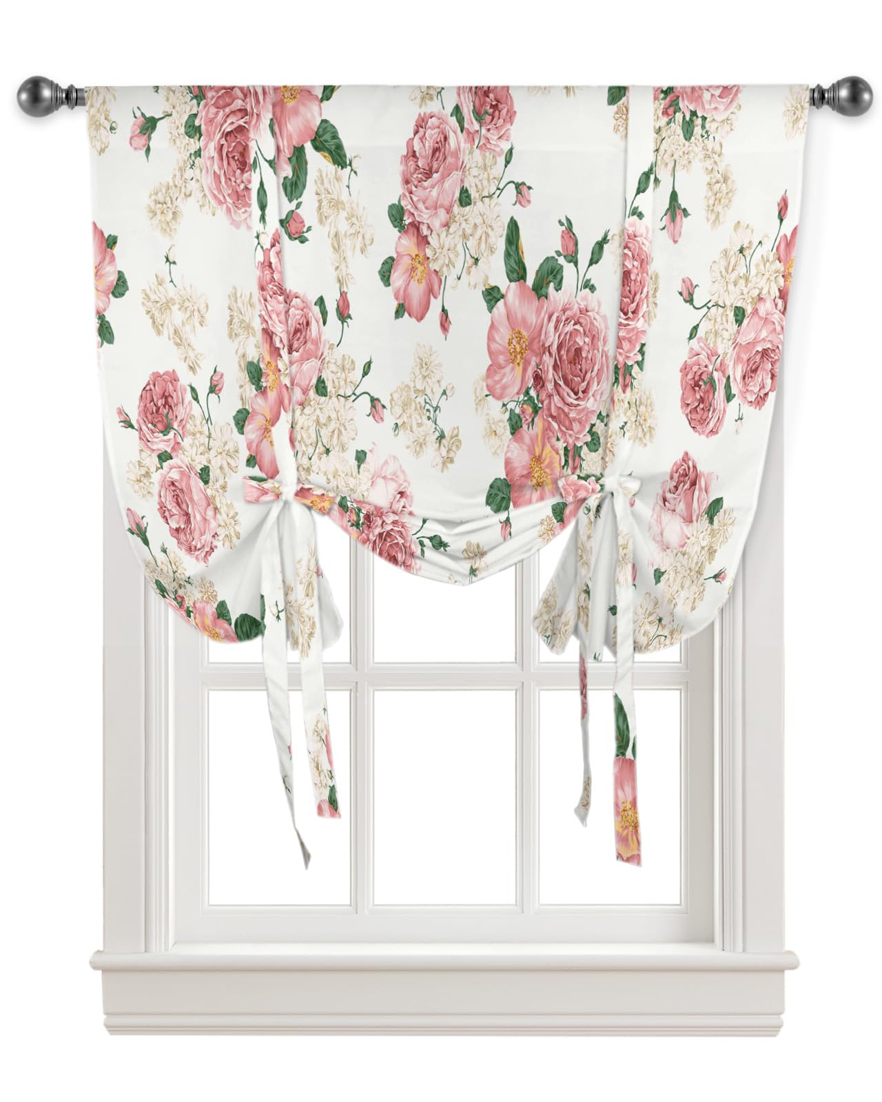 Pink Rose Watercolor Balloon Window Curtains - 46 x 63 Inch Rod Pocket Short Curtain with Adjustable Tie-Up for Small Windows - Perfect for Kitchen, Bedroom, and Bathroom Decor